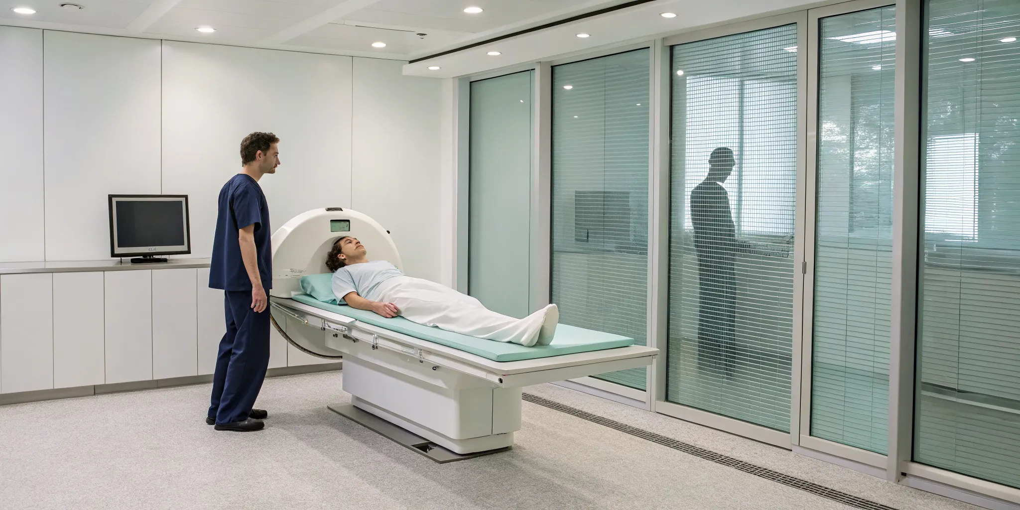 DEXA scan machine analyzing a patient's body composition and bone density.