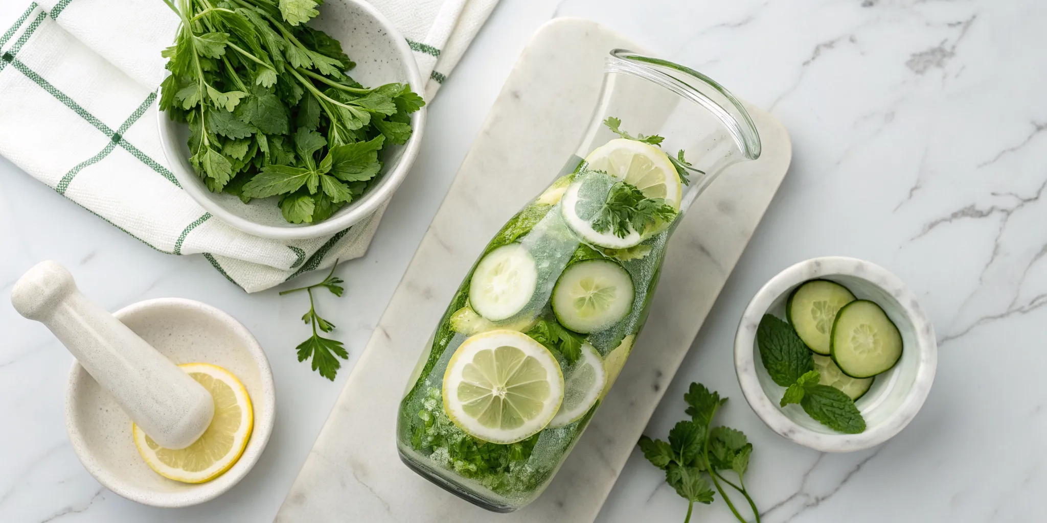 Lemon and cucumber water in a glass pitcher supports a functional medicine detox protocol.