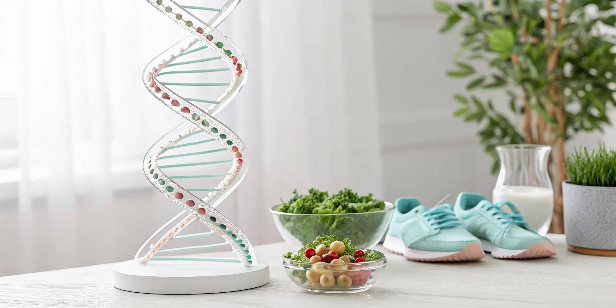 Healthy food and running shoes next to a DNA helix, influencing gene expression through epigenetics.