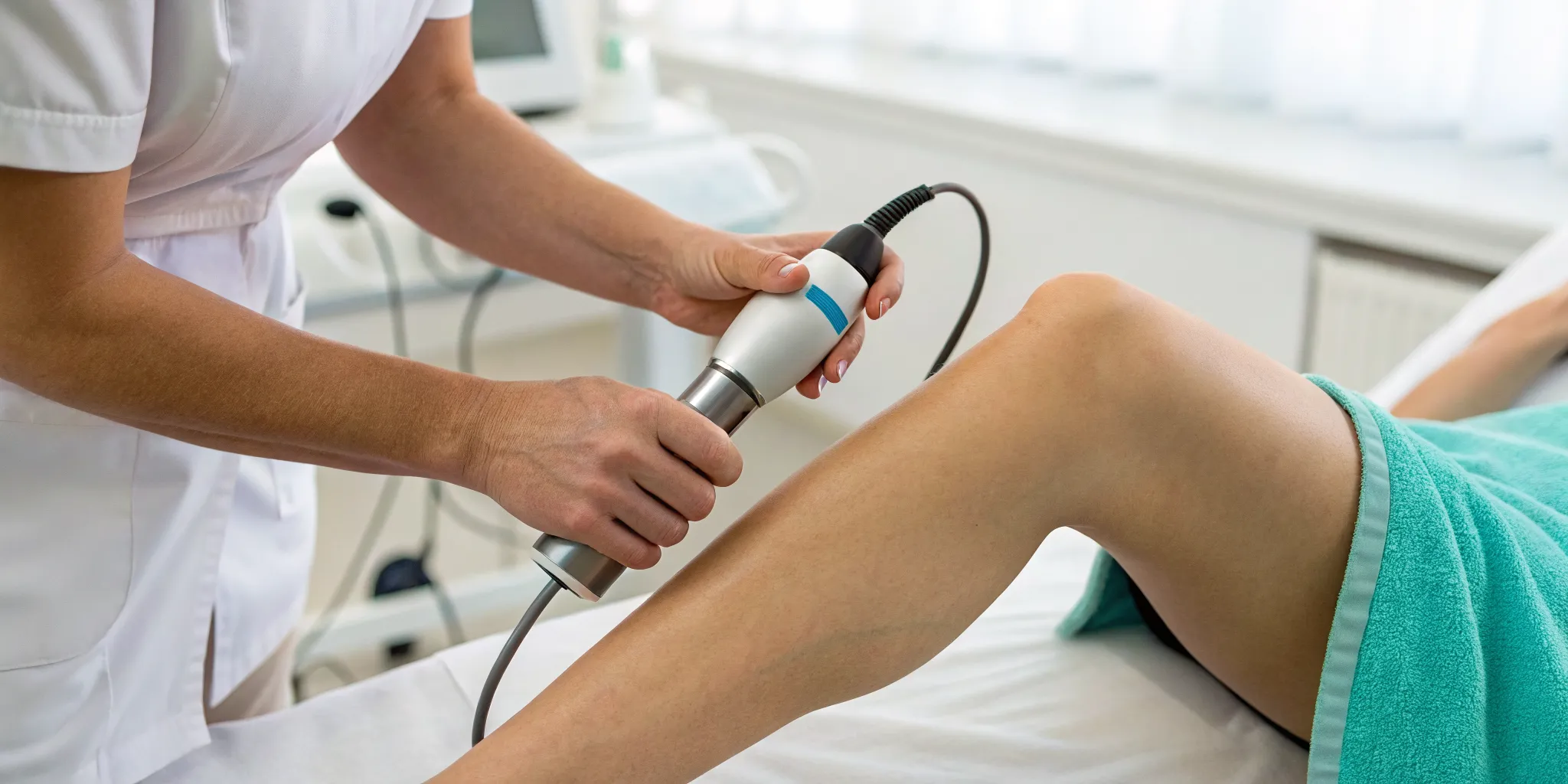 A patient's leg receiving shockwave therapy for chronic inflammation.