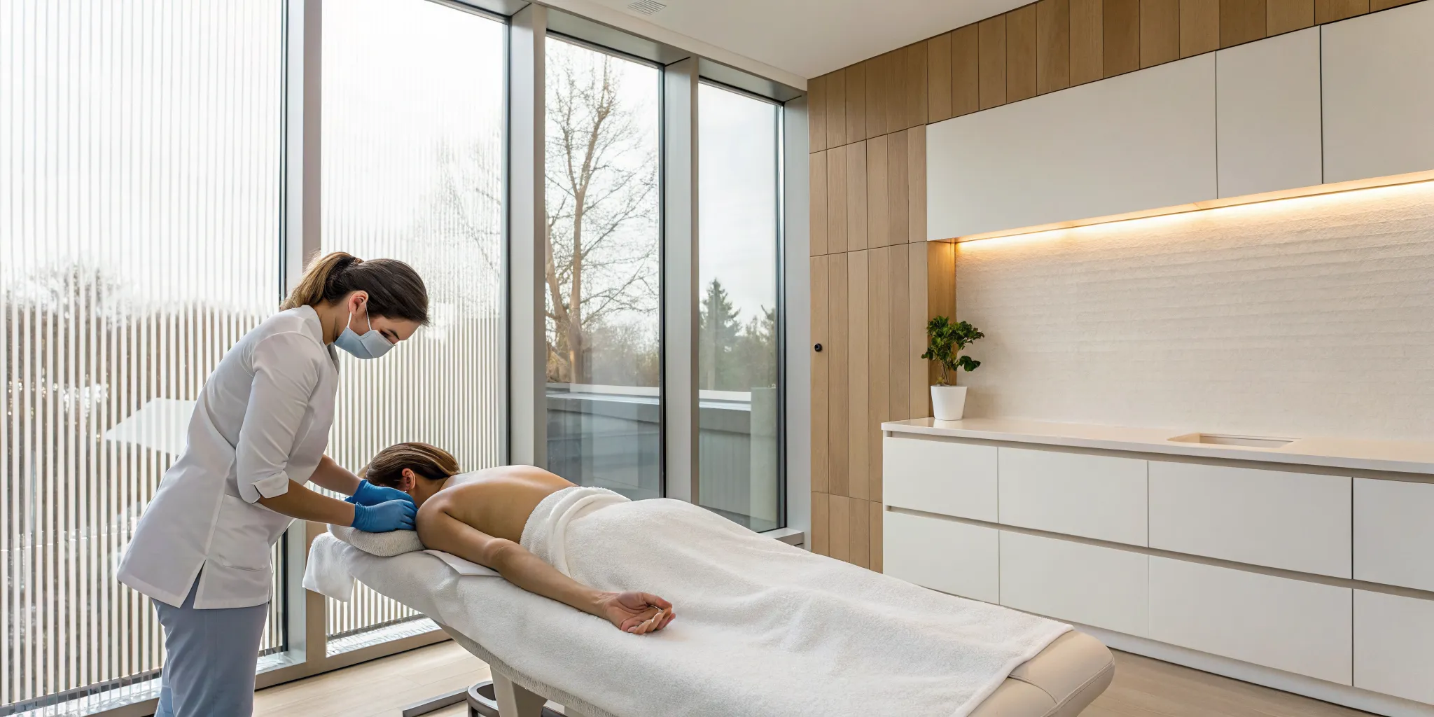 A clinician administers shockwave therapy for lower back pain.