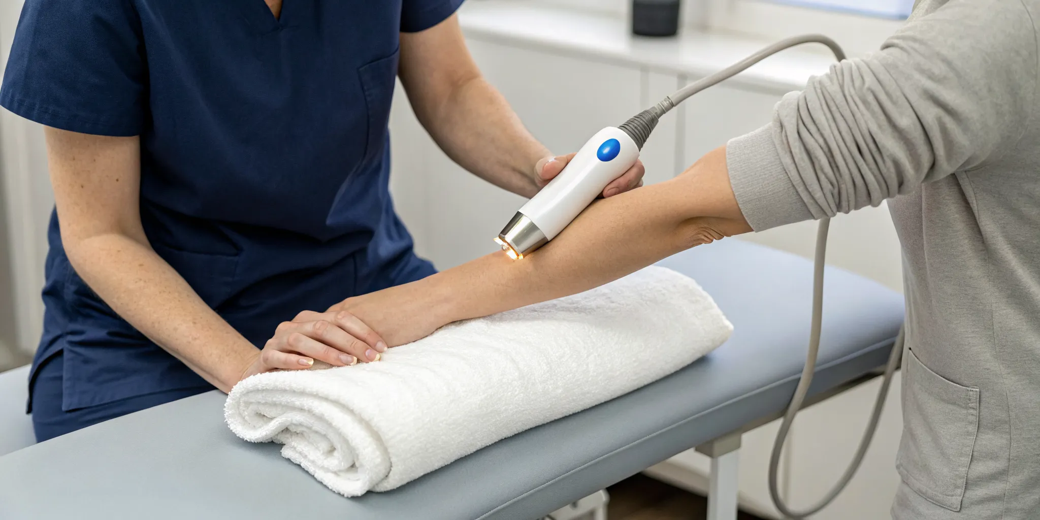 Shockwave therapy treatment for chronic elbow pain.