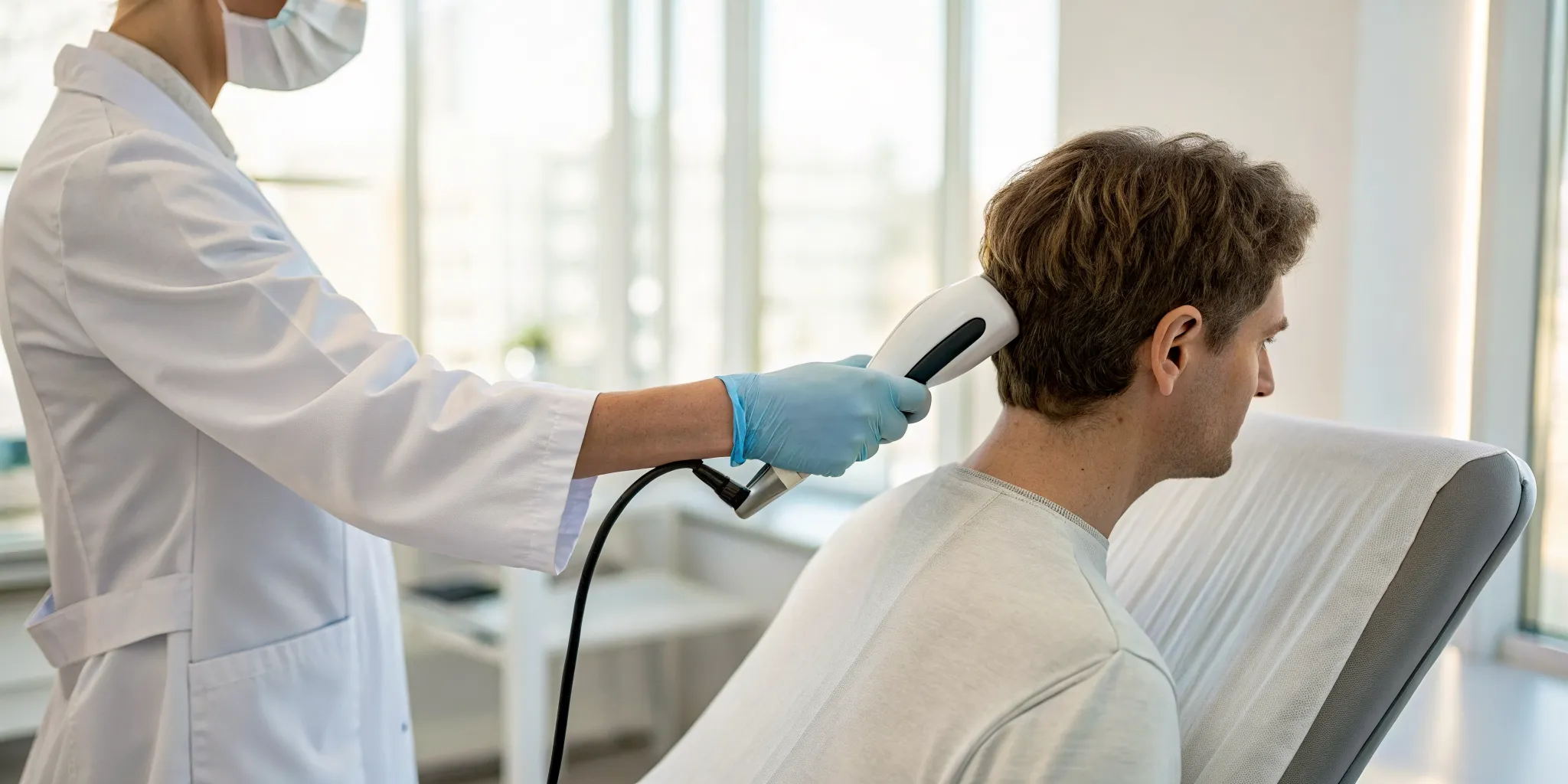 Shockwave therapy for neck pain being applied to a patient.