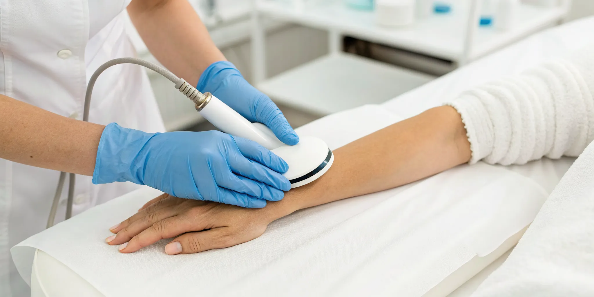 Shockwave therapy for wrist pain administered by a clinician with a handheld device.