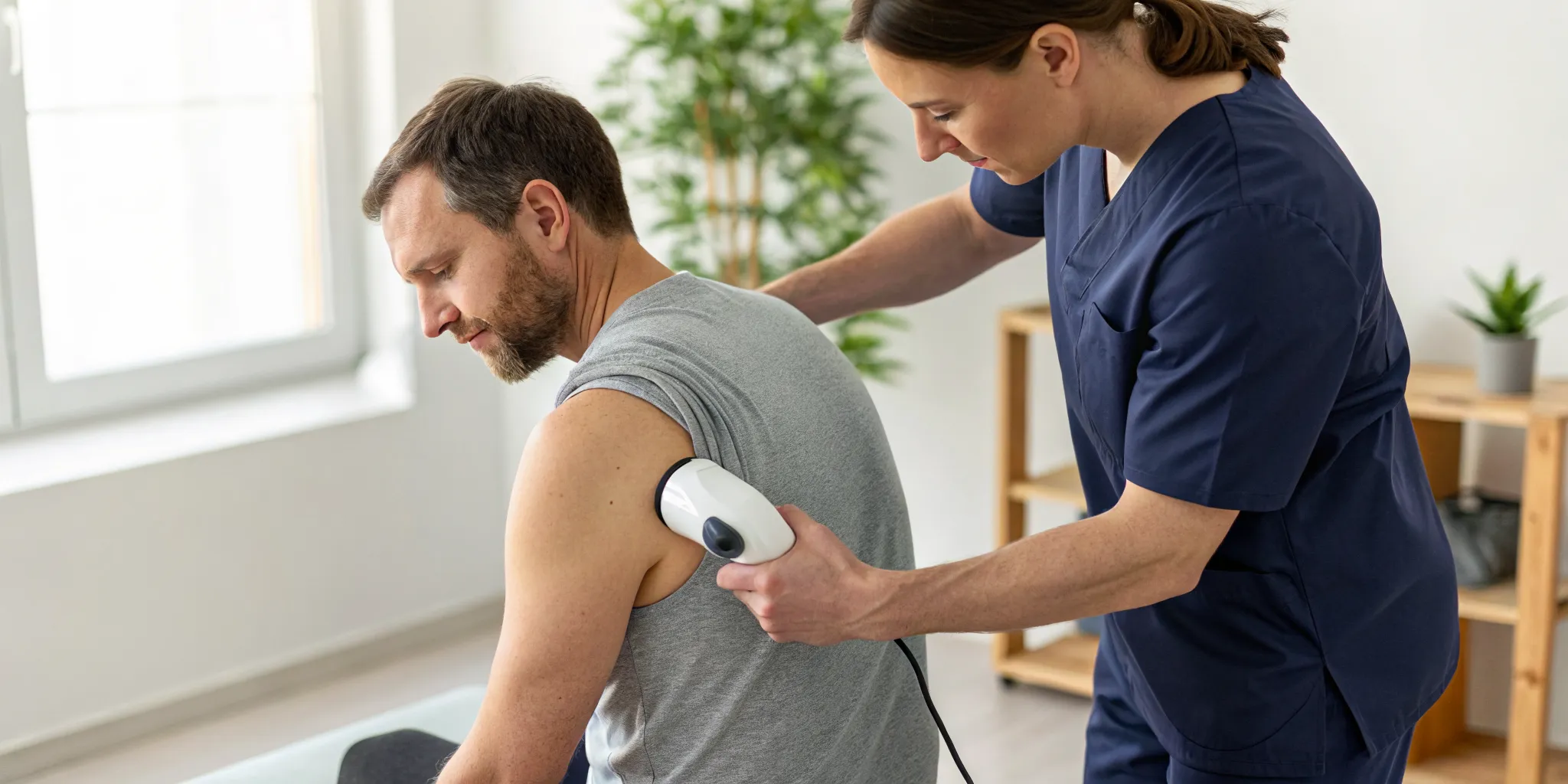 Shockwave therapy for rotator cuff injuries applied to a patient's shoulder.