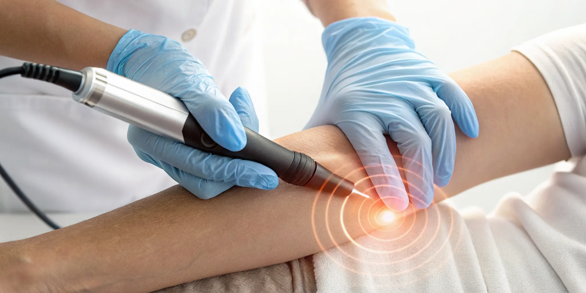 Shockwave therapy for tennis elbow applied to a patient's arm.