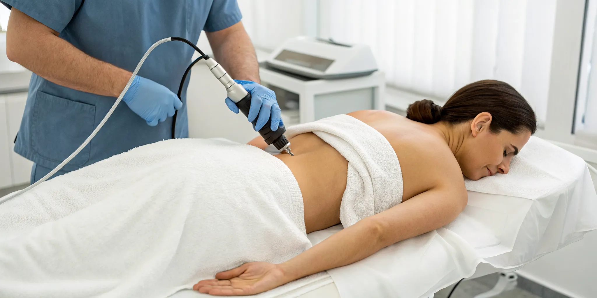 A clinician administers shockwave therapy for lower back pain.