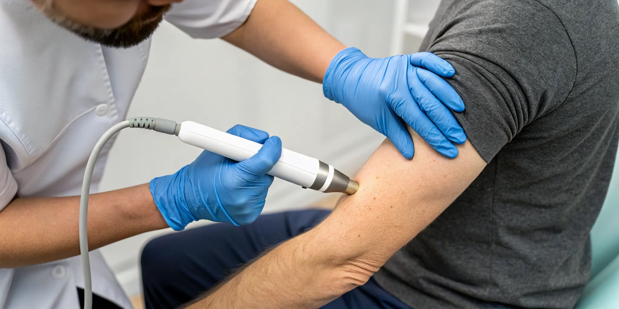 A clinician applying shockwave therapy to a patient's forearm for tennis elbow.
