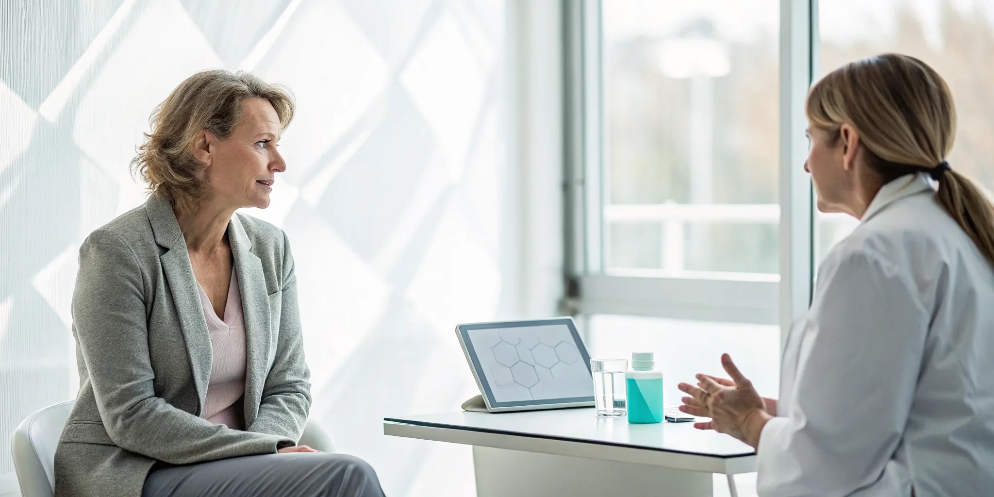Woman discussing her estrogen therapy options with a doctor.