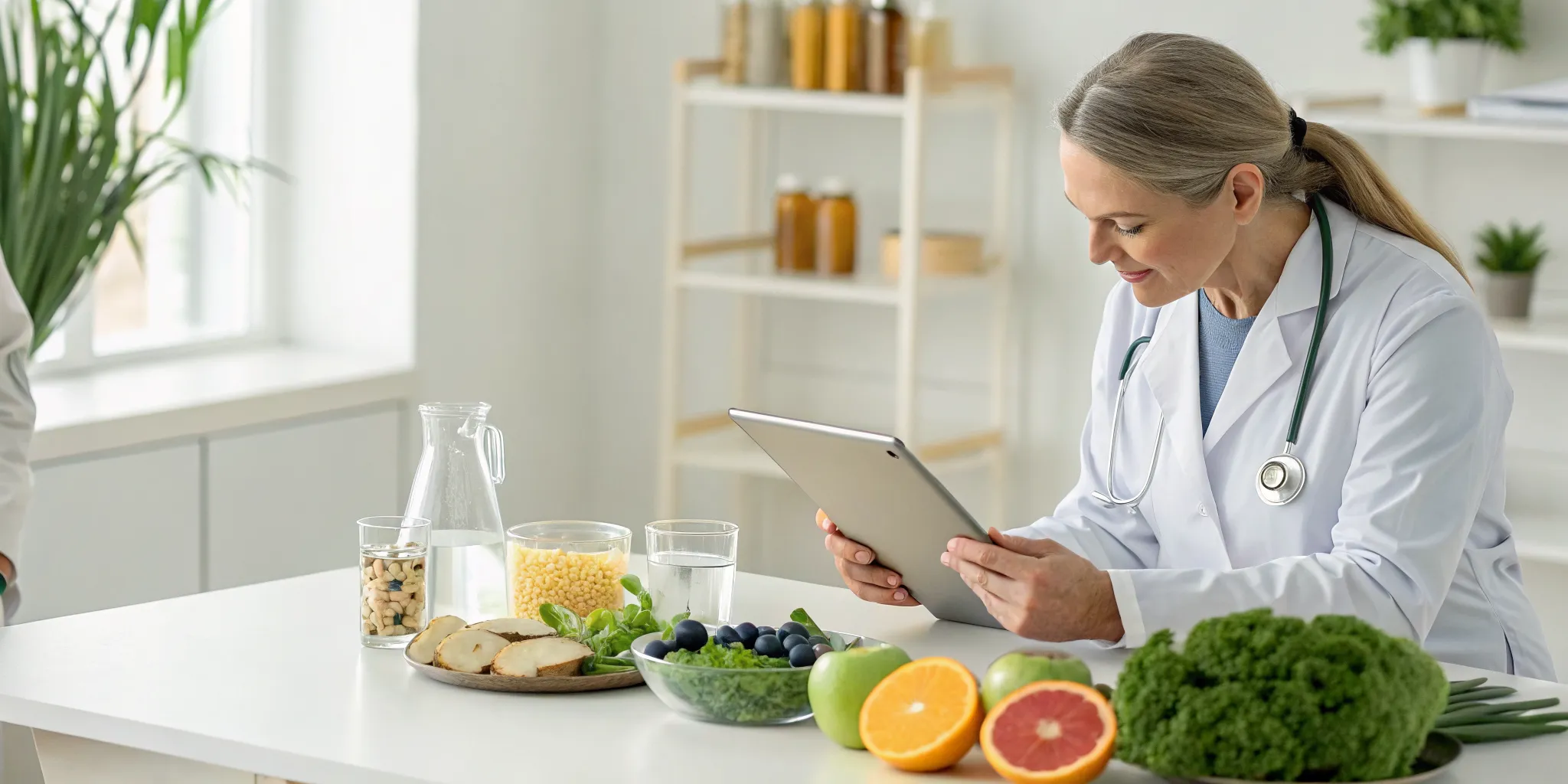 A functional medicine doctor reviews a tablet surrounded by fresh fruits and vegetables.