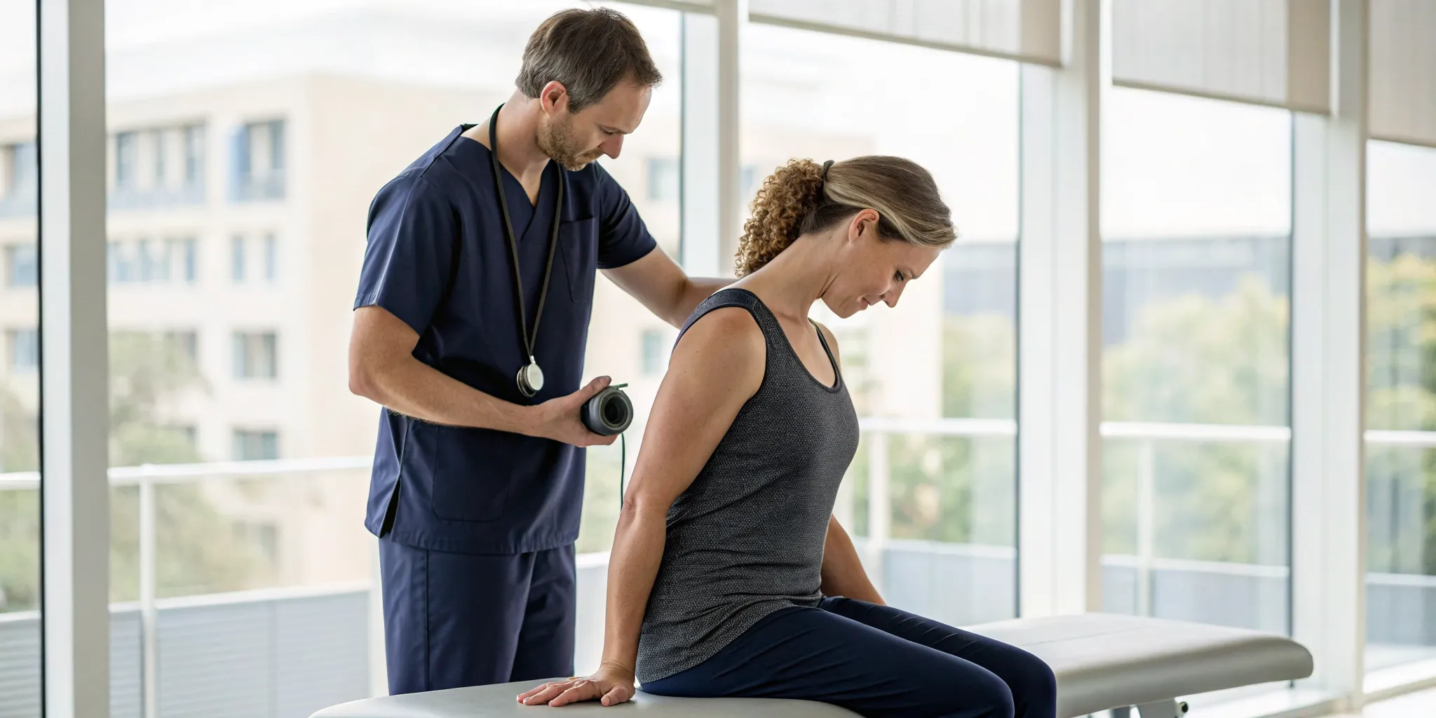 Clinician applying shockwave therapy to a patient's frozen shoulder.