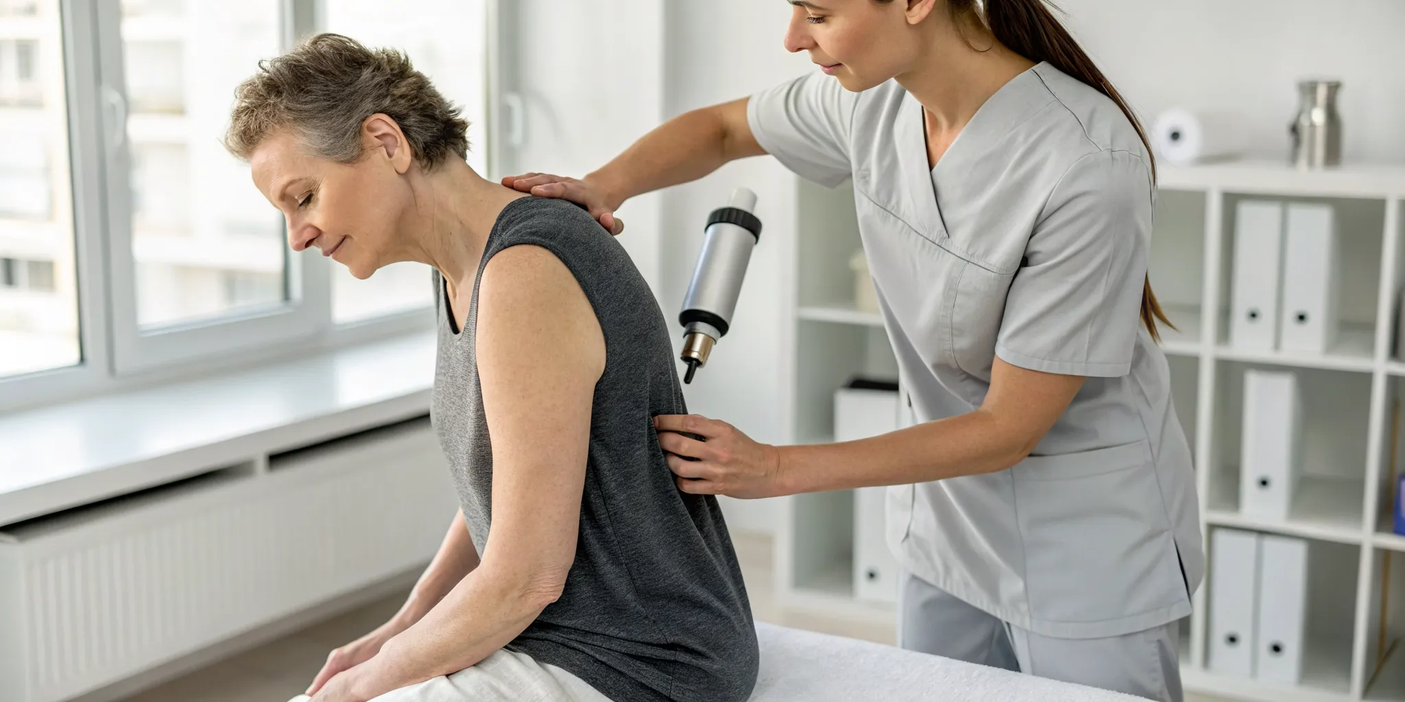 Shockwave therapy for muscle pain relief administered by a therapist.