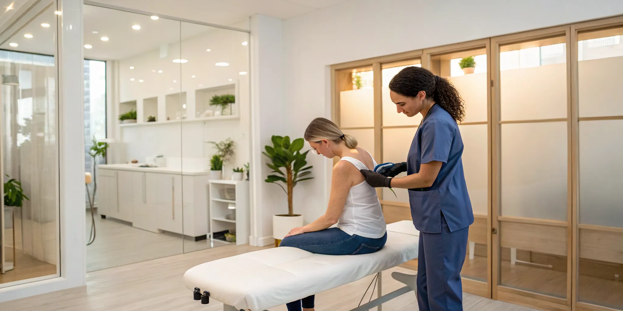 Healthcare professional administering shockwave therapy for bursitis to a patient.
