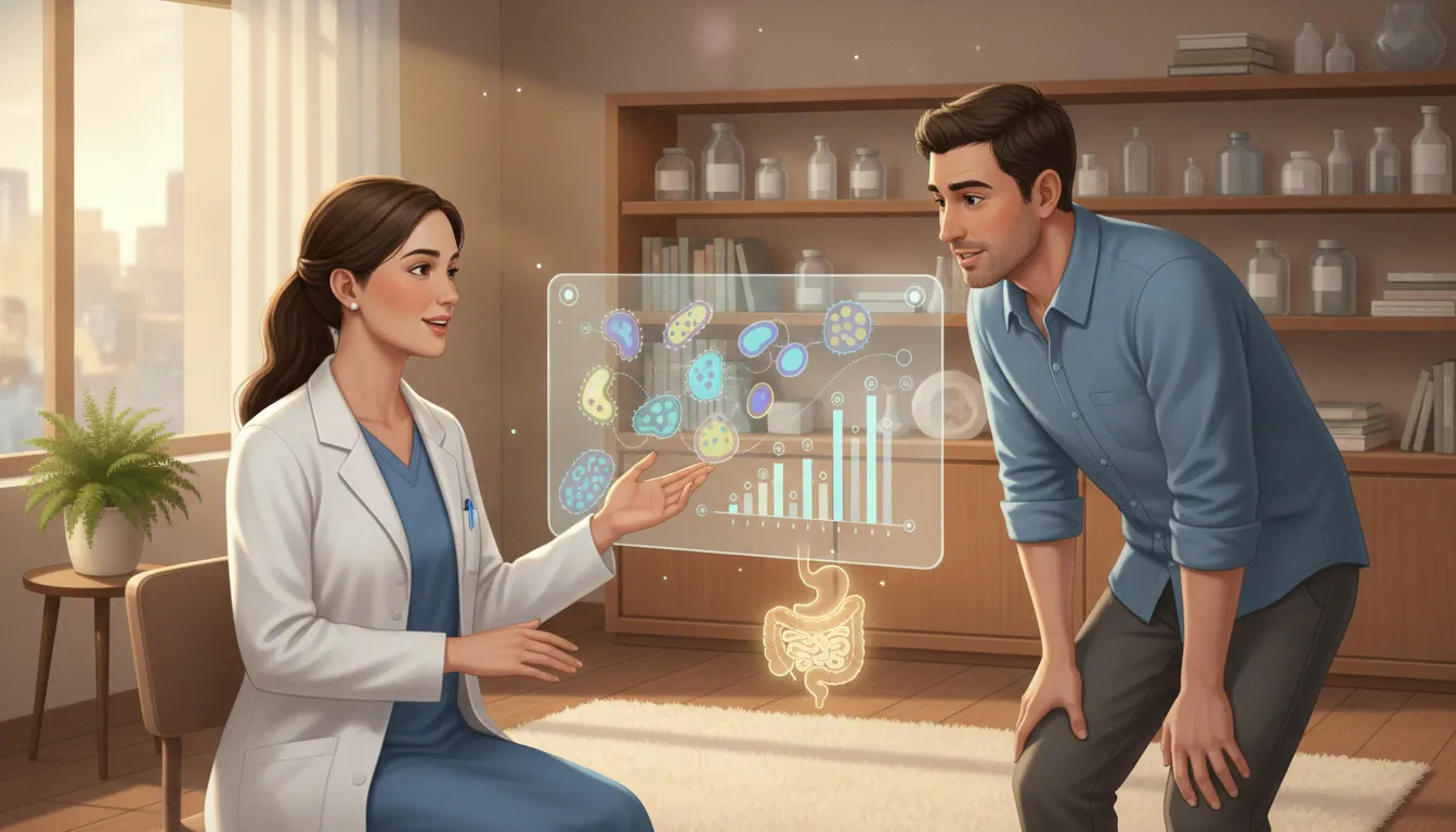 Clinician reviewing functional medicine stool testing findings with a patient