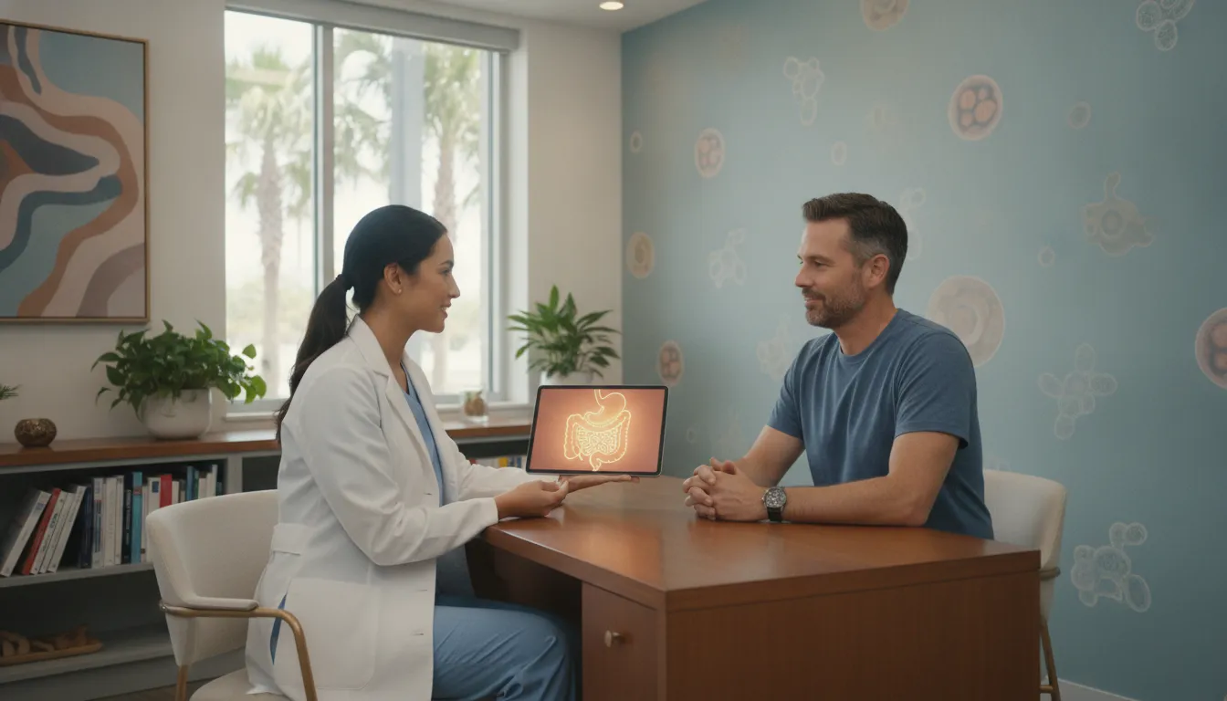 Patient discussing persistent bloating with a functional medicine clinician