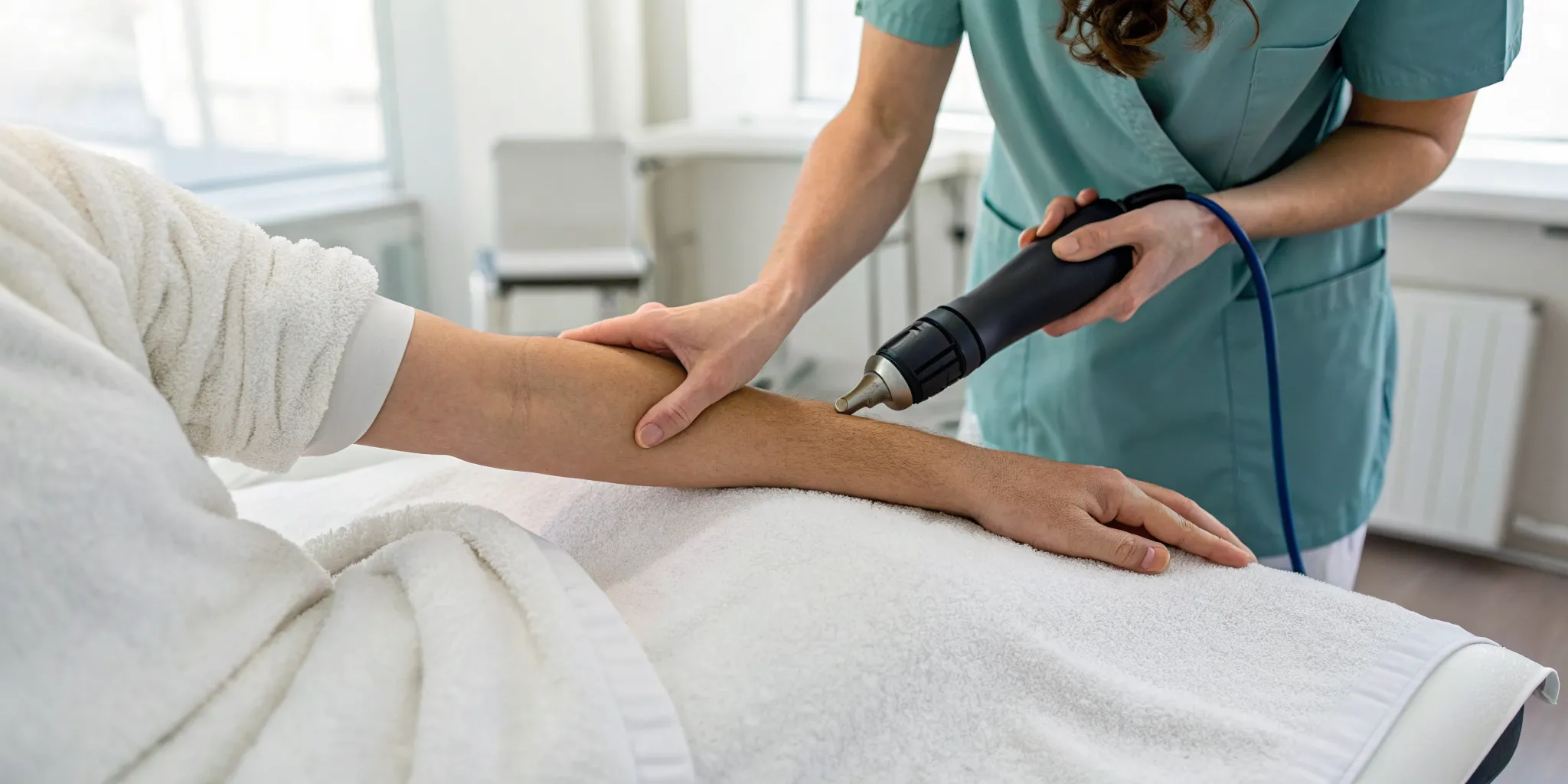 Shockwave therapy treatment for golfer's elbow on a patient's inner elbow.