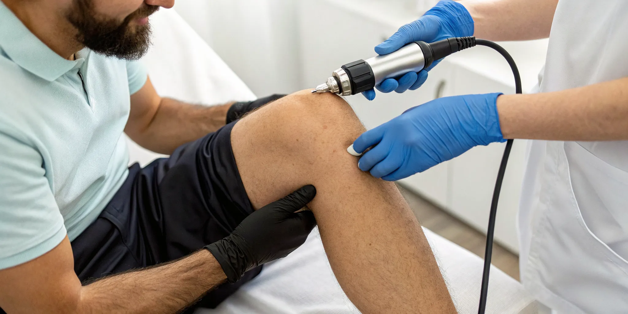 Shockwave therapy for patellar tendonitis treatment on a knee.