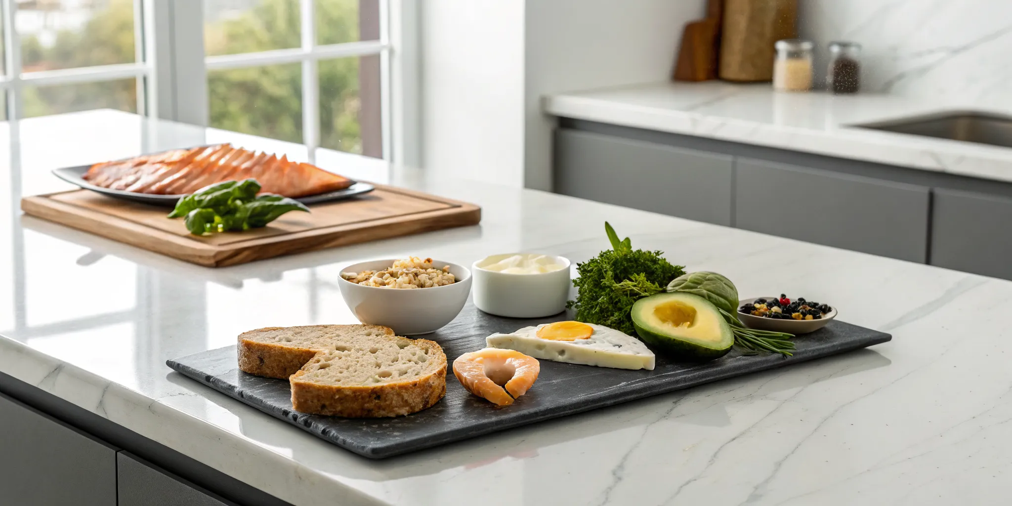 A variety of foods like bread and avocado laid out to identify food sensitivity triggers.