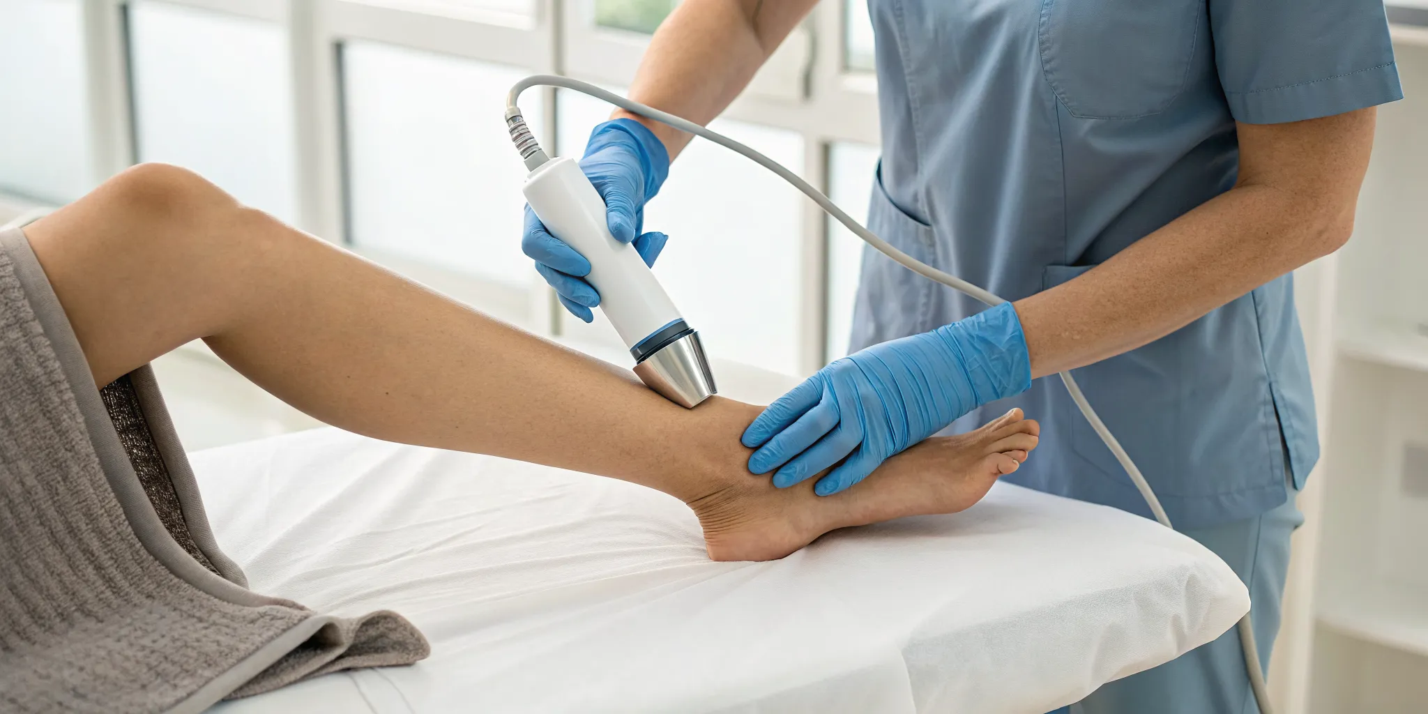 A patient receiving shockwave therapy for heel pain.