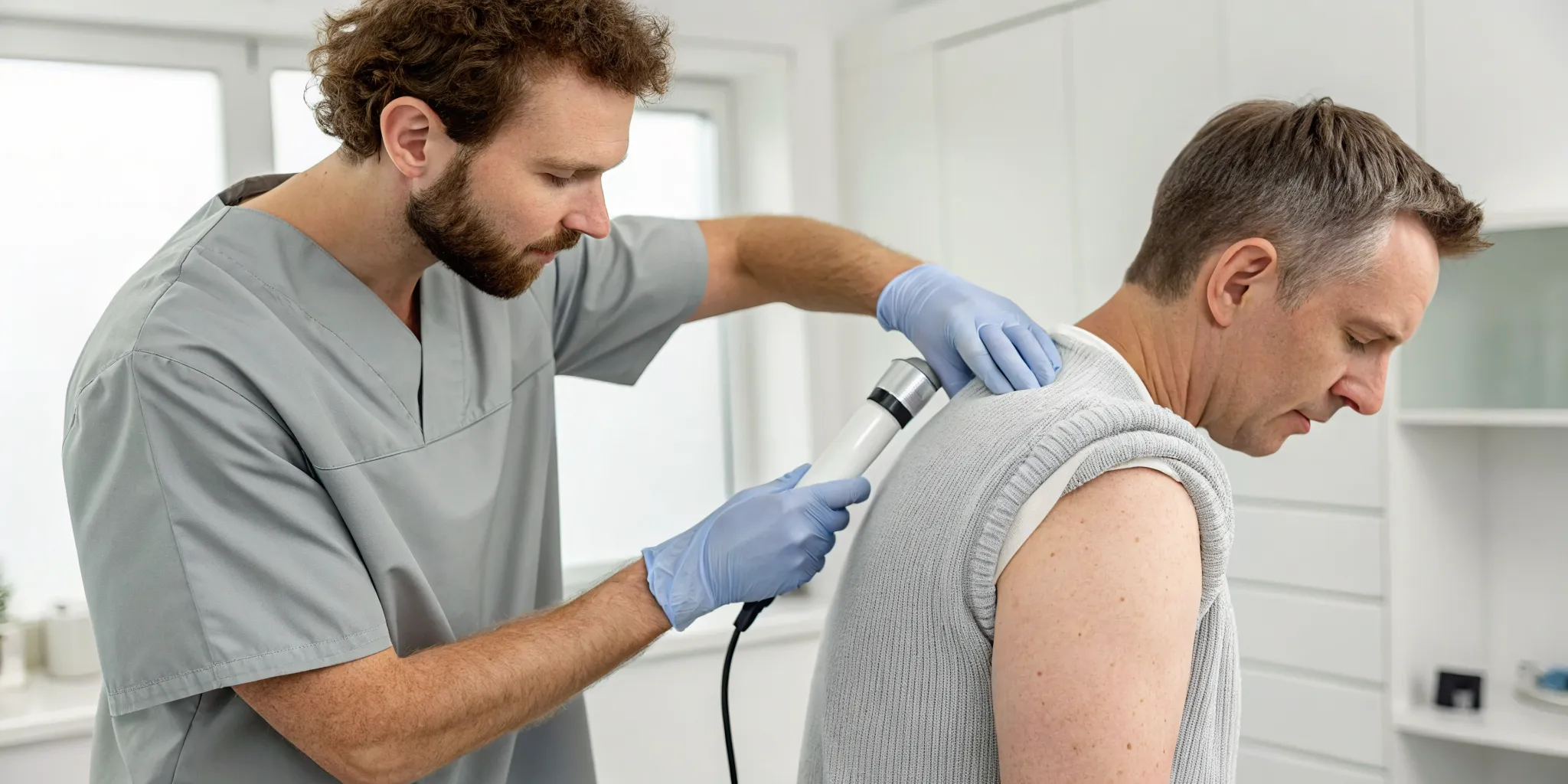 Shockwave therapy for calcific tendonitis being performed on a patient's shoulder.