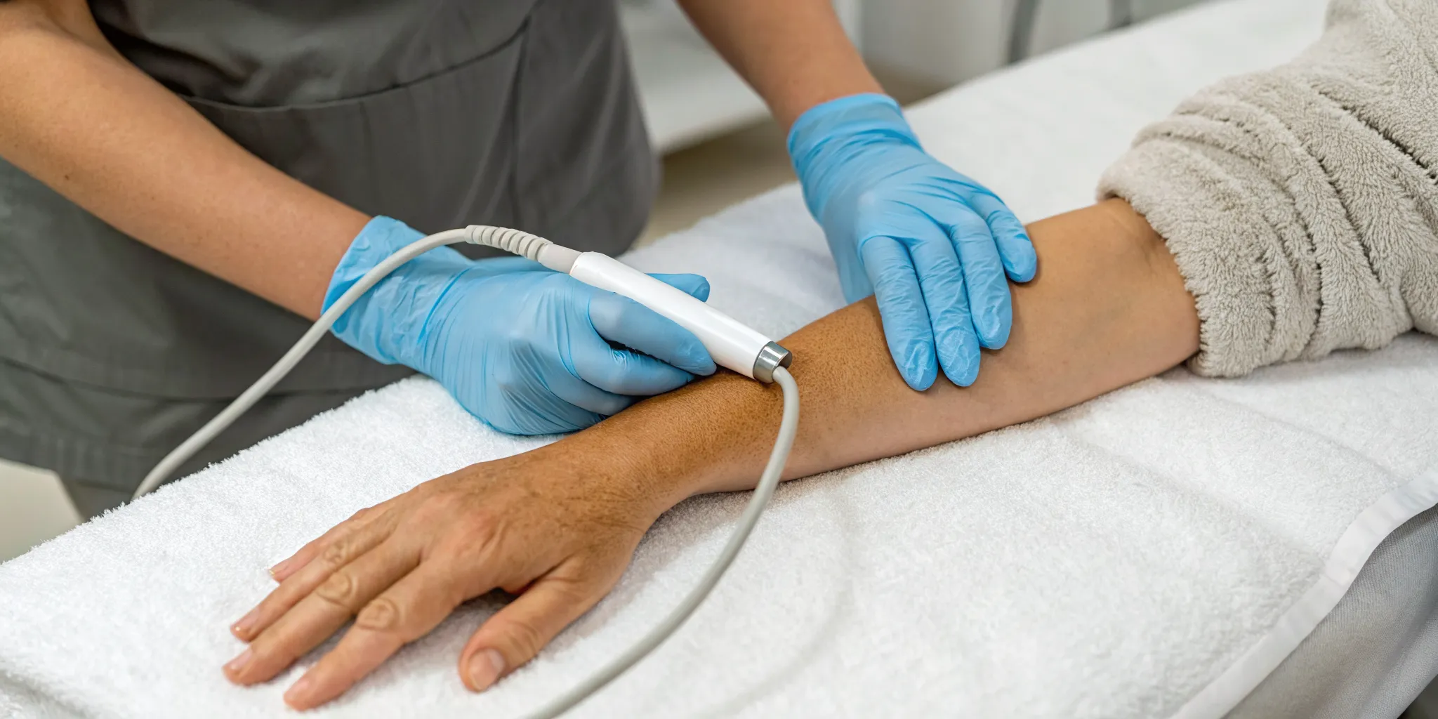 A patient receiving shockwave therapy on their forearm for golfer's elbow.