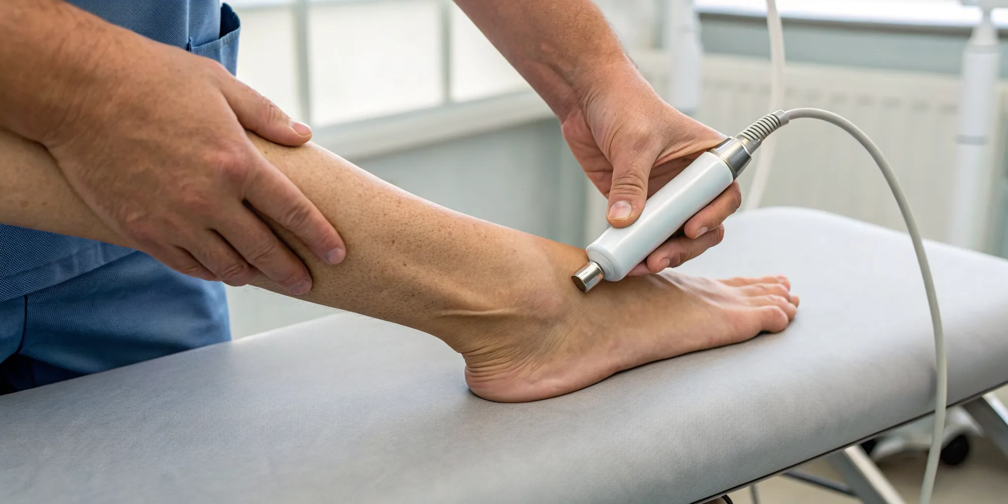 A clinician performs shockwave therapy on an Achilles tendon for tendonitis.