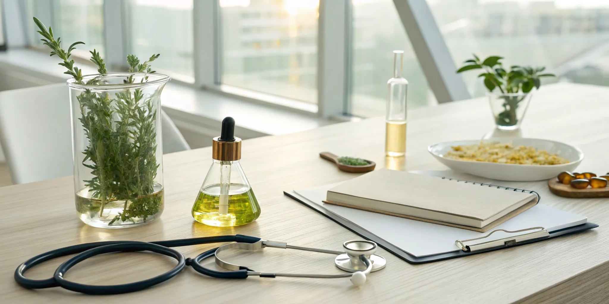 A functional medicine approach for anti-aging with supplements, a stethoscope, and a notebook on a desk.