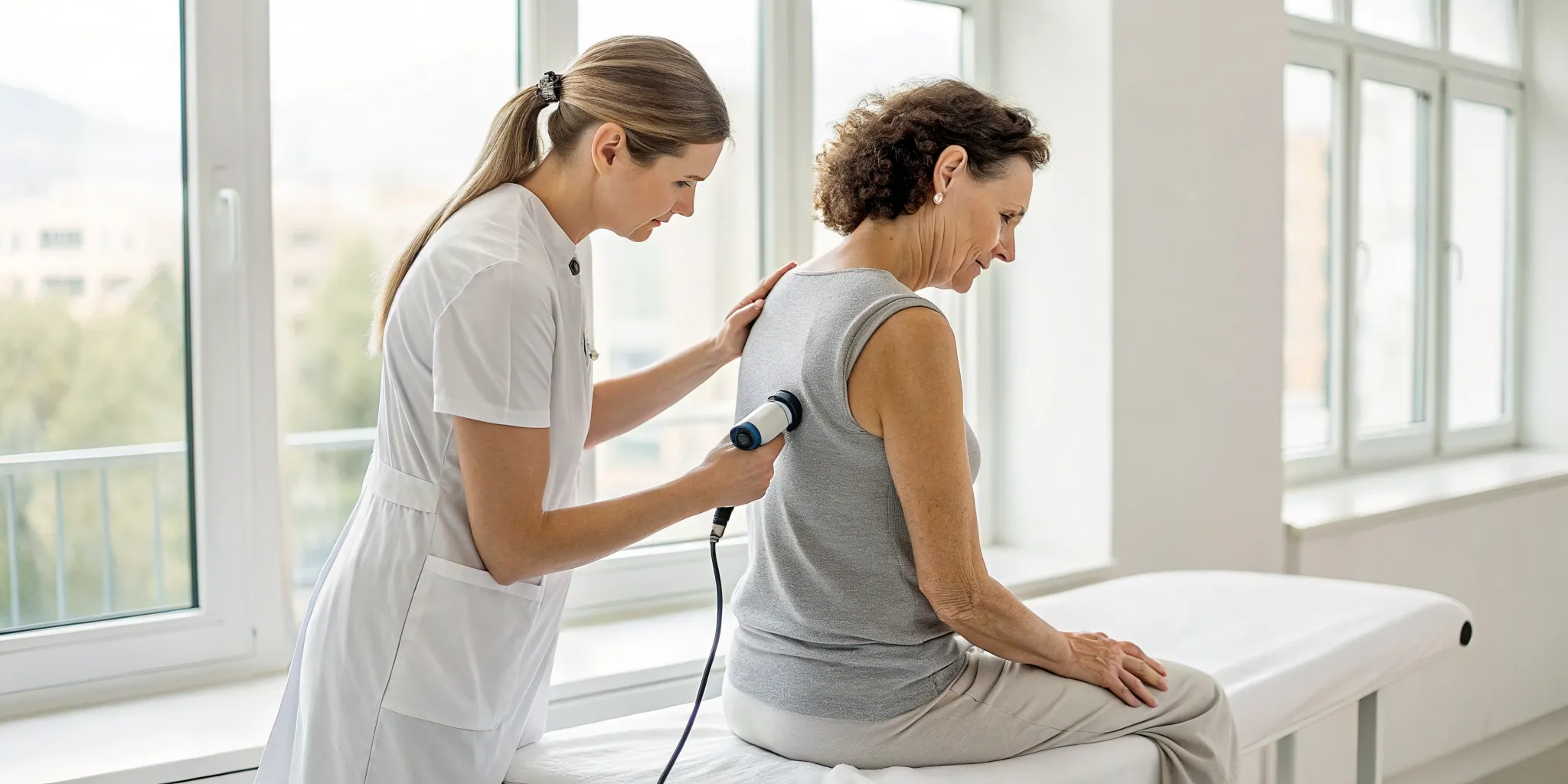 A patient receiving shockwave therapy for bursitis on their shoulder.