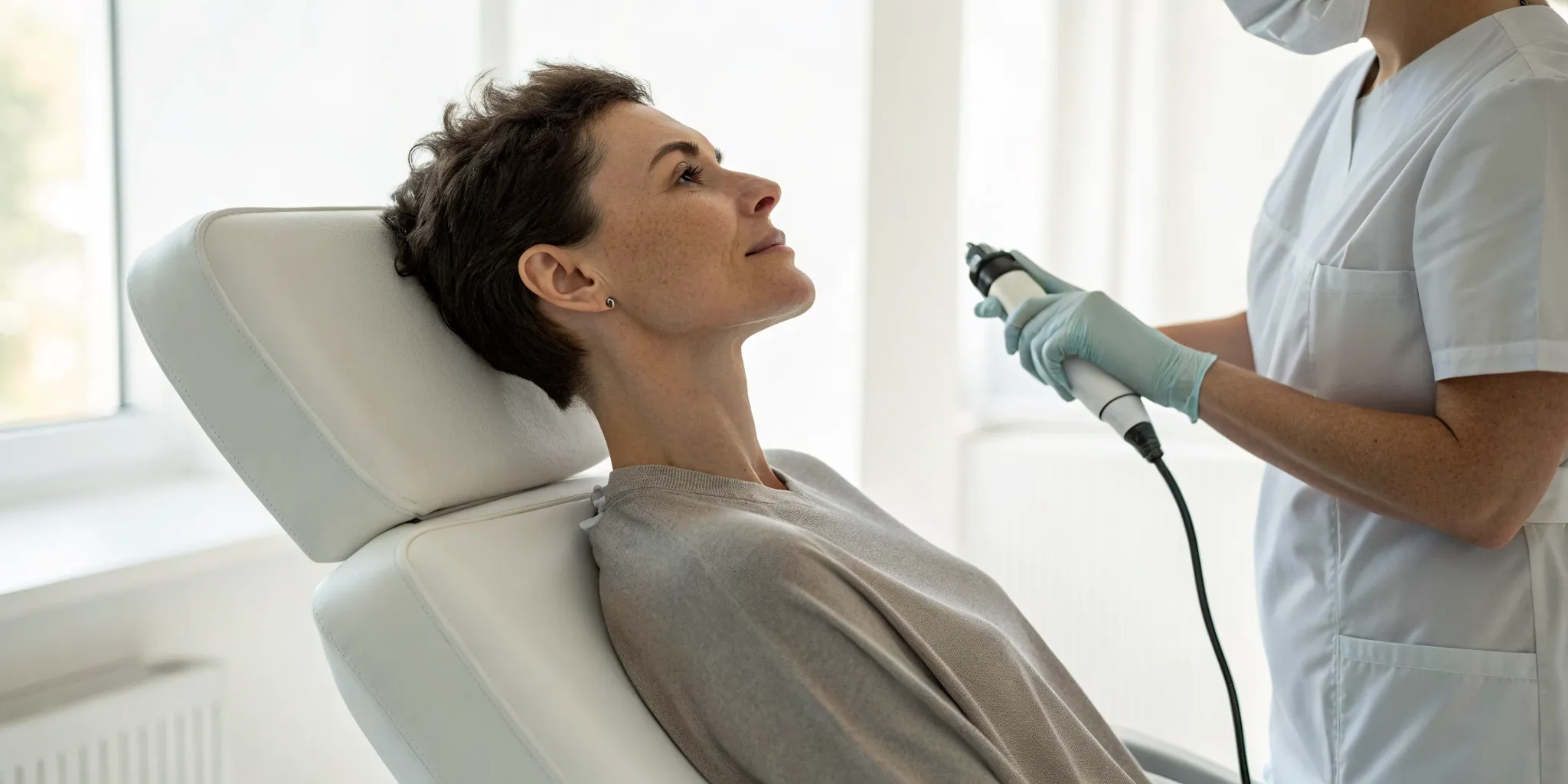 Woman undergoing shockwave therapy for neck pain in a clinic.