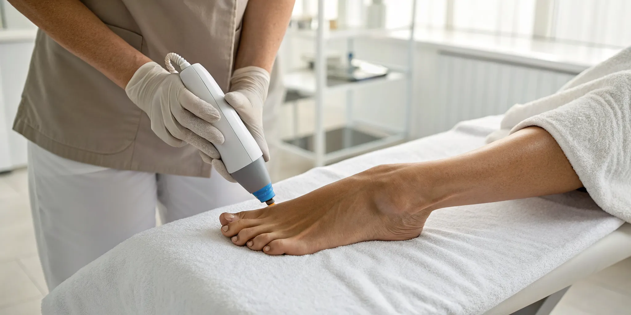 A specialist administers shockwave therapy to a patient's foot for pain relief.