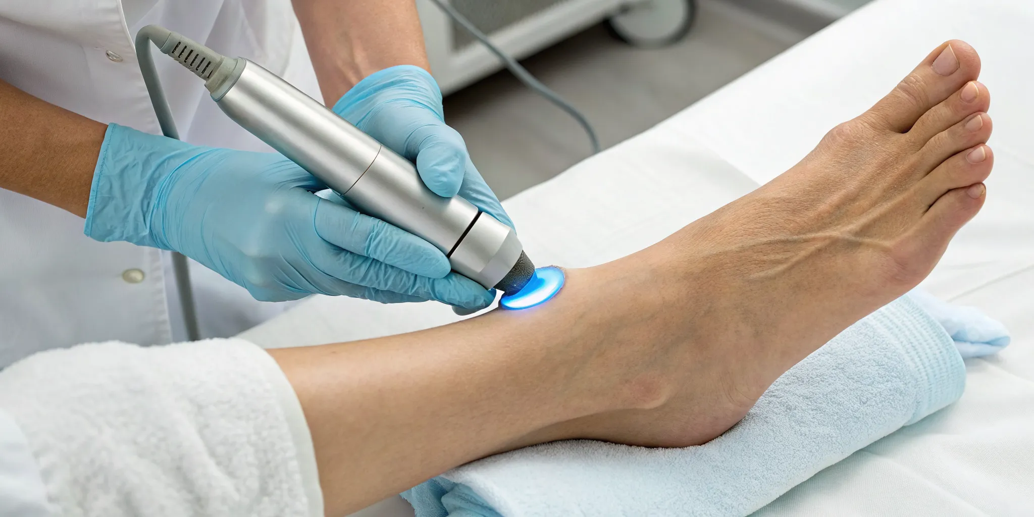 Shockwave therapy for foot pain being administered to a patient's foot.