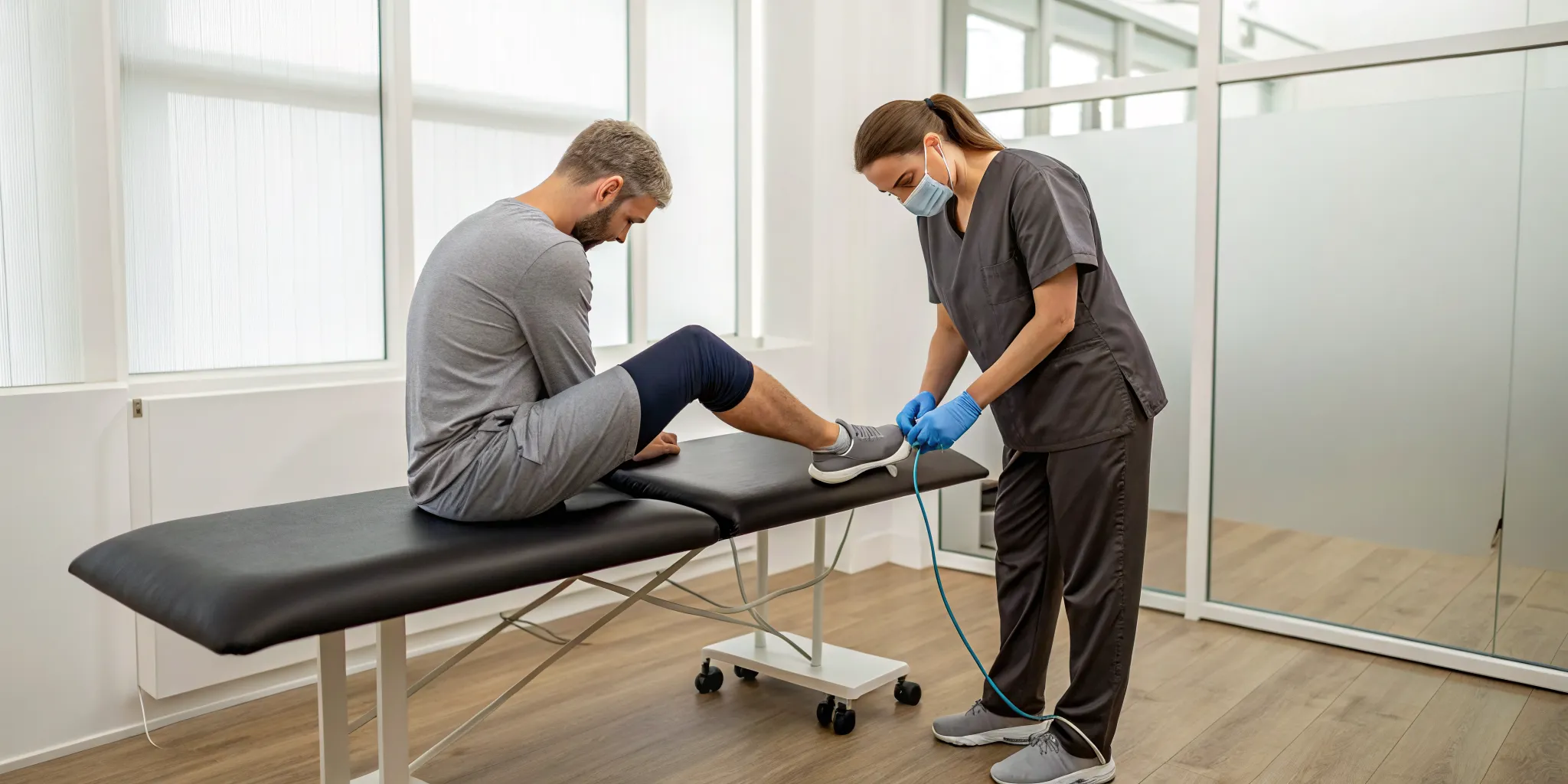 Shockwave therapy for a runner's leg injury, helping them heal faster without downtime.