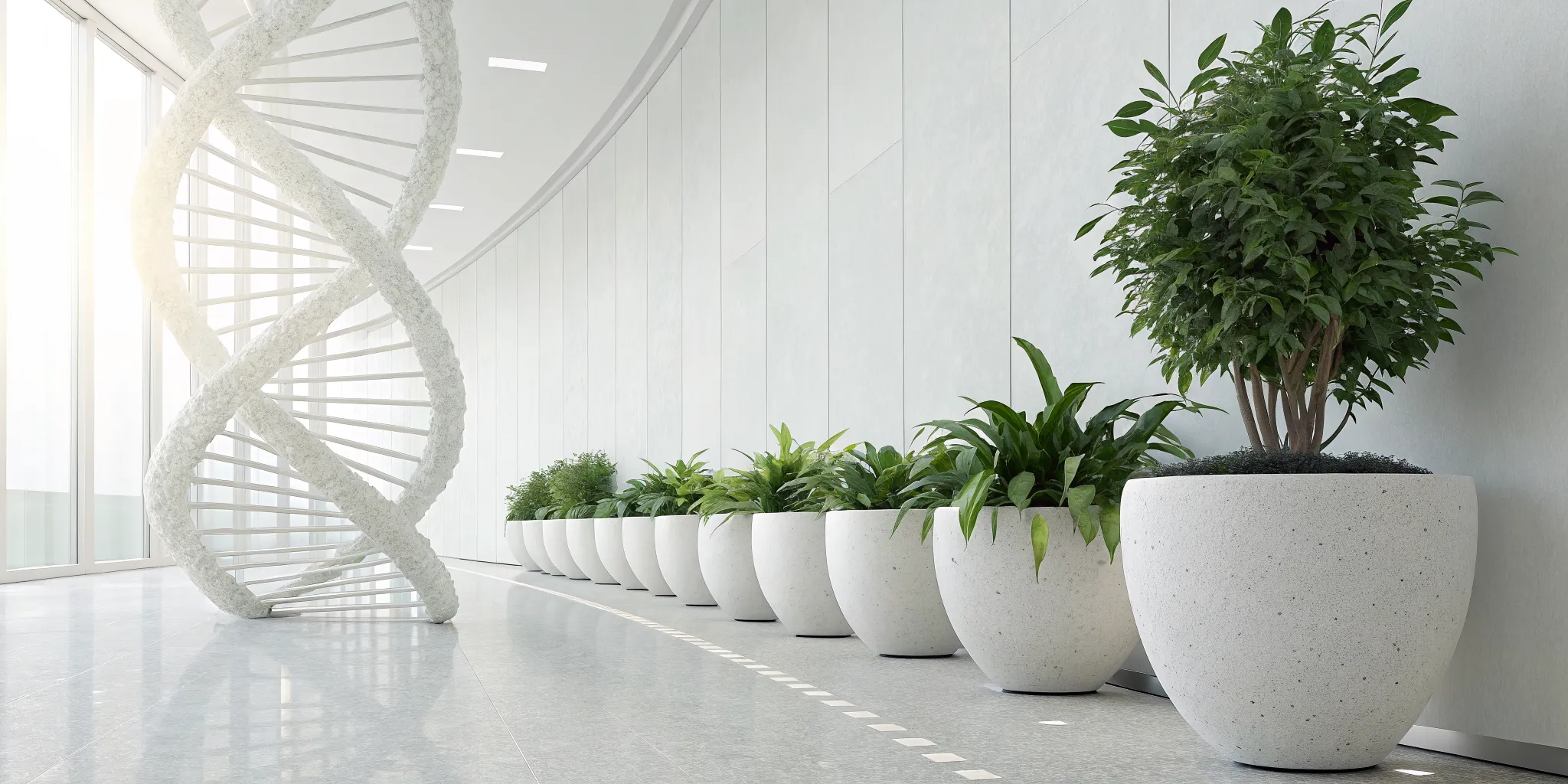 A large DNA helix sculpture in a modern hall, the foundation for healthspan optimization.