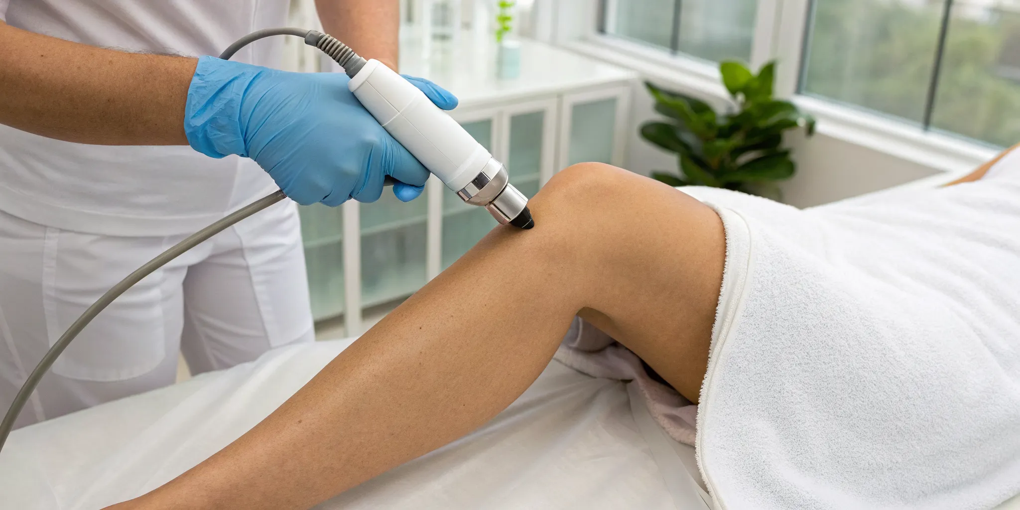 Shockwave therapy for orthopedic pain applied to a patient's knee.