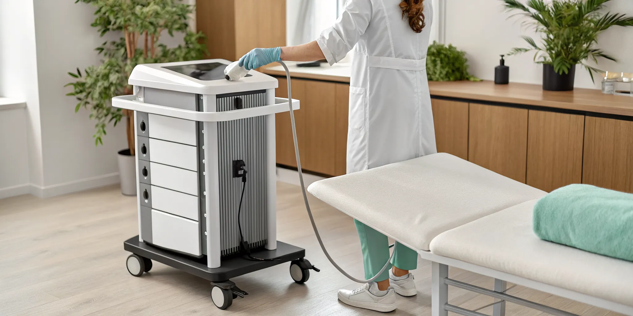 Shockwave therapy machine used for regenerative medicine to treat joint pain and tissue injuries.