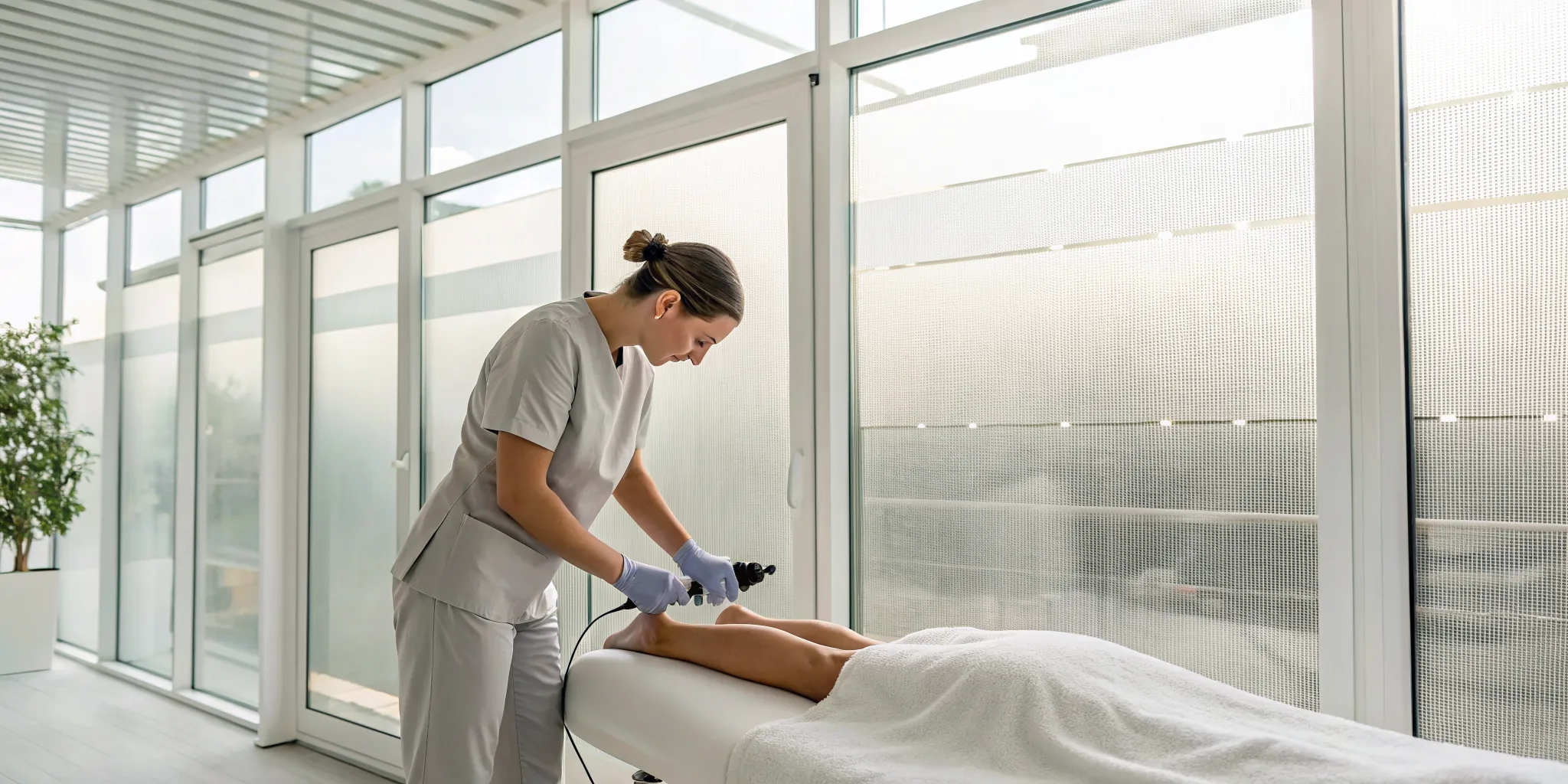 Therapist applying shockwave therapy to a patient for musculoskeletal pain.