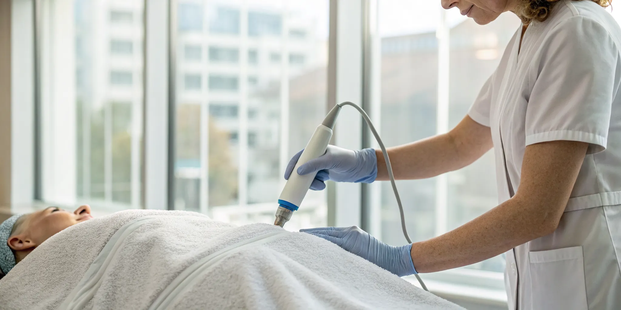 Clinician applying shockwave therapy for soft tissue healing.