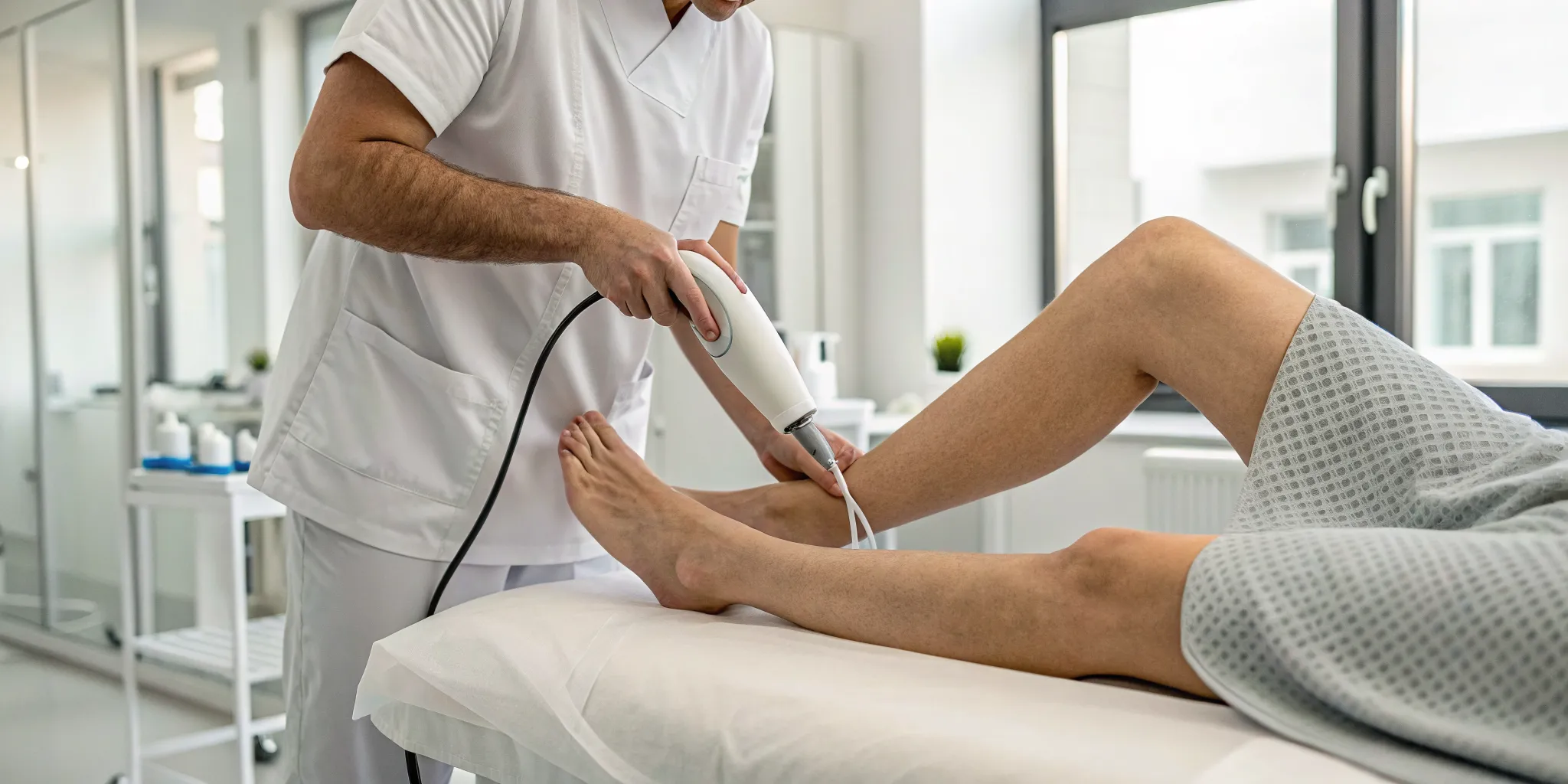 Shockwave therapy for soft tissue healing on a patient's lower leg.