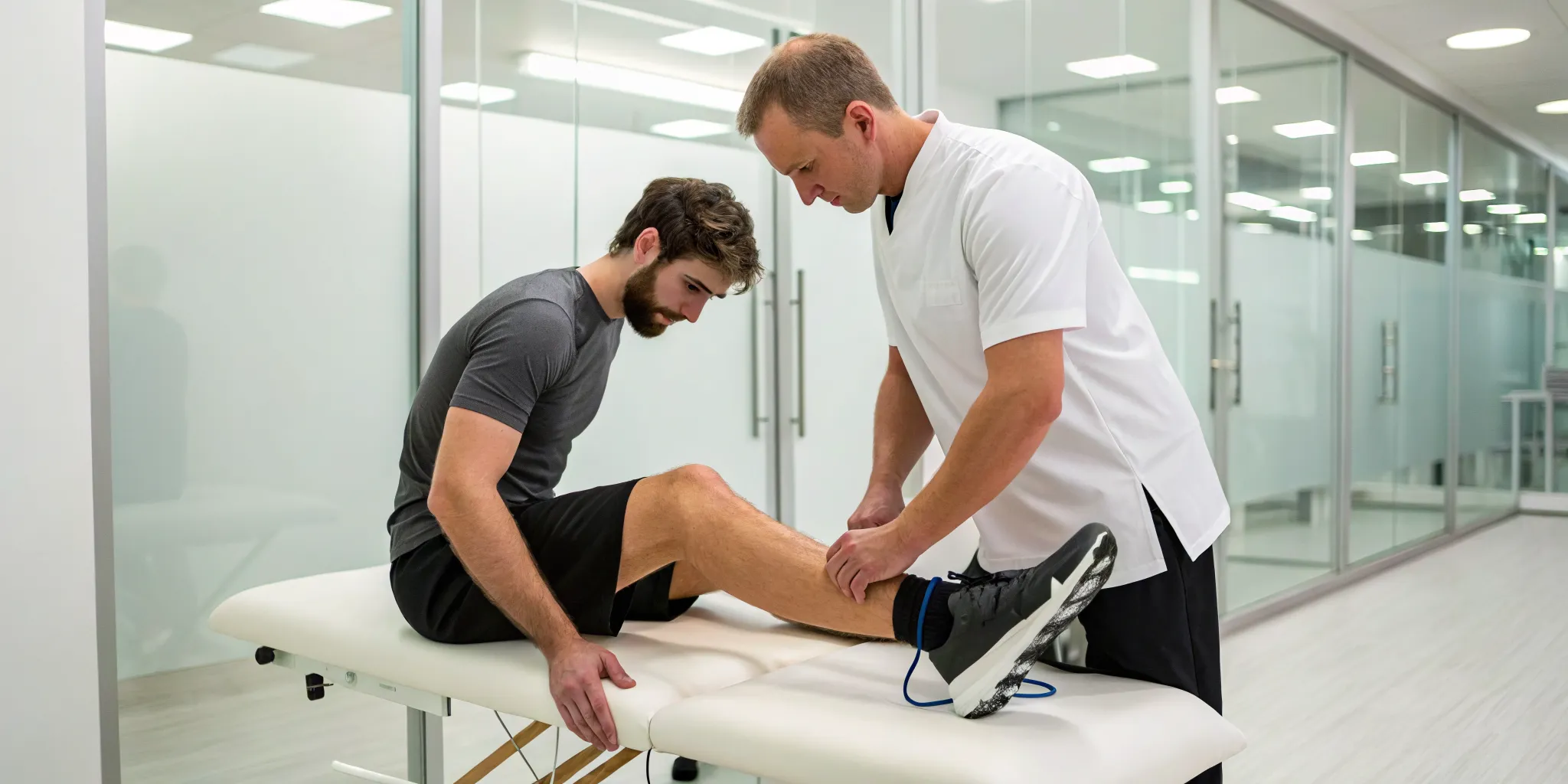 Shockwave therapy for athletes being applied to an injured leg.