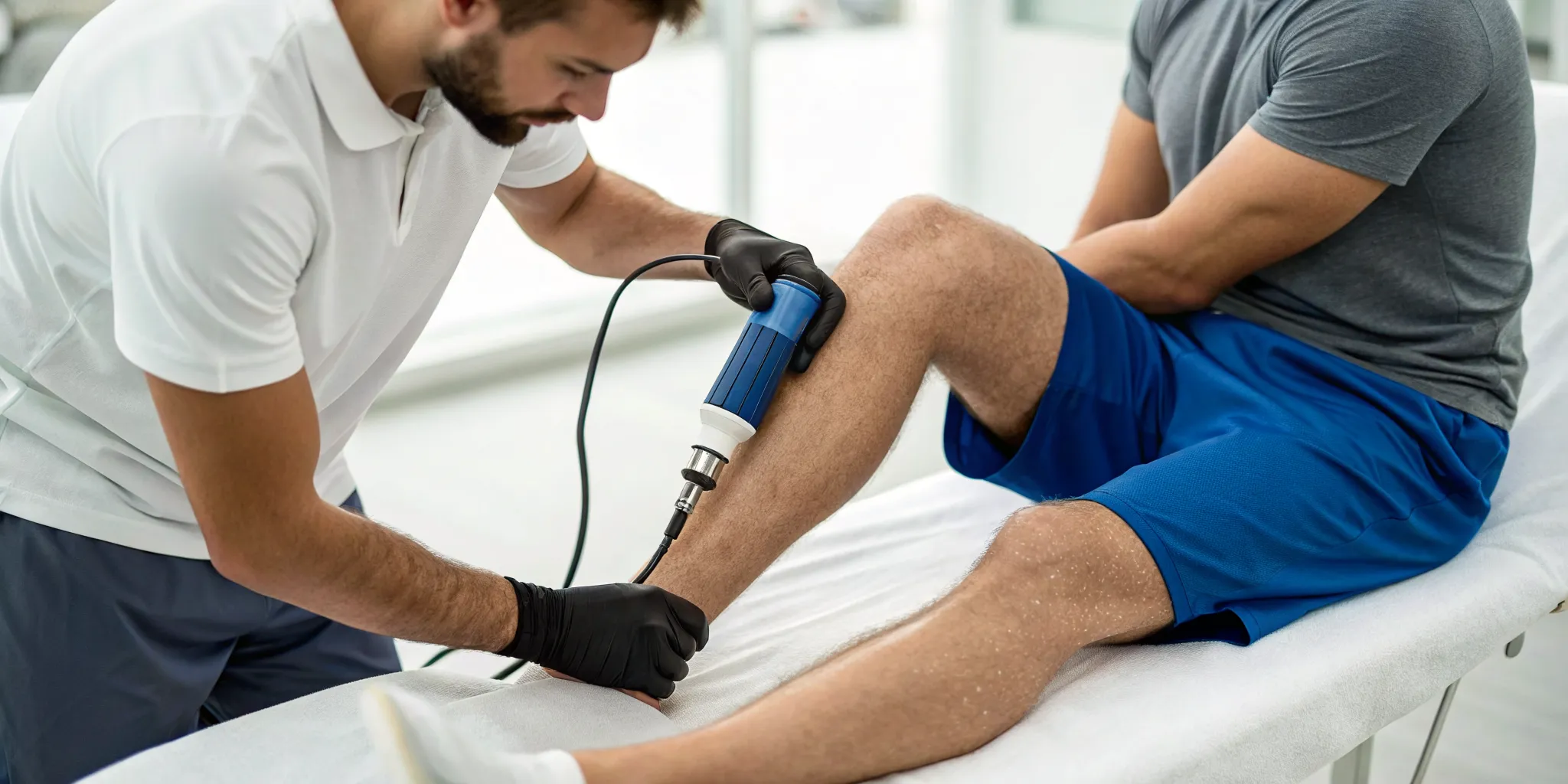 Shockwave therapy for athletes treating a lower leg injury to speed recovery.