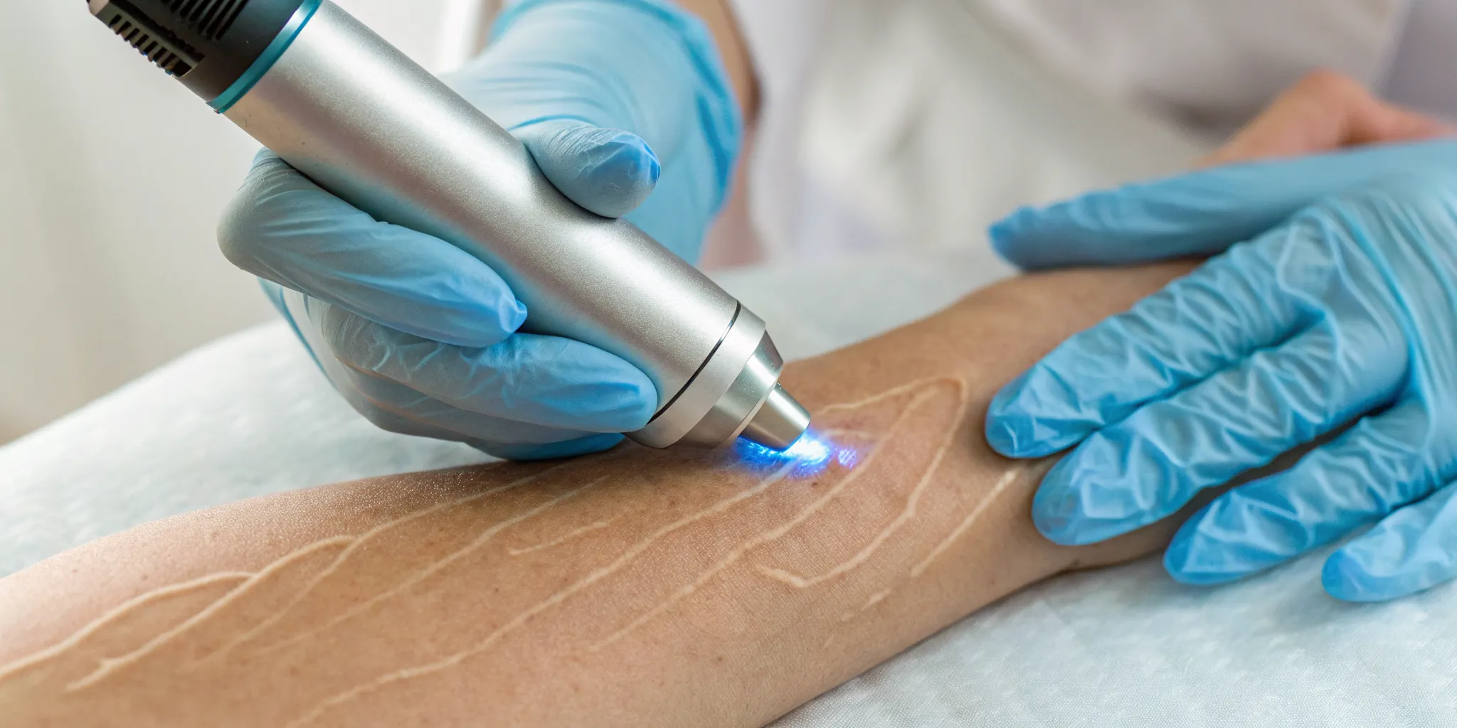 Shockwave therapy breaking down scar tissue on a patient's arm to improve healing.
