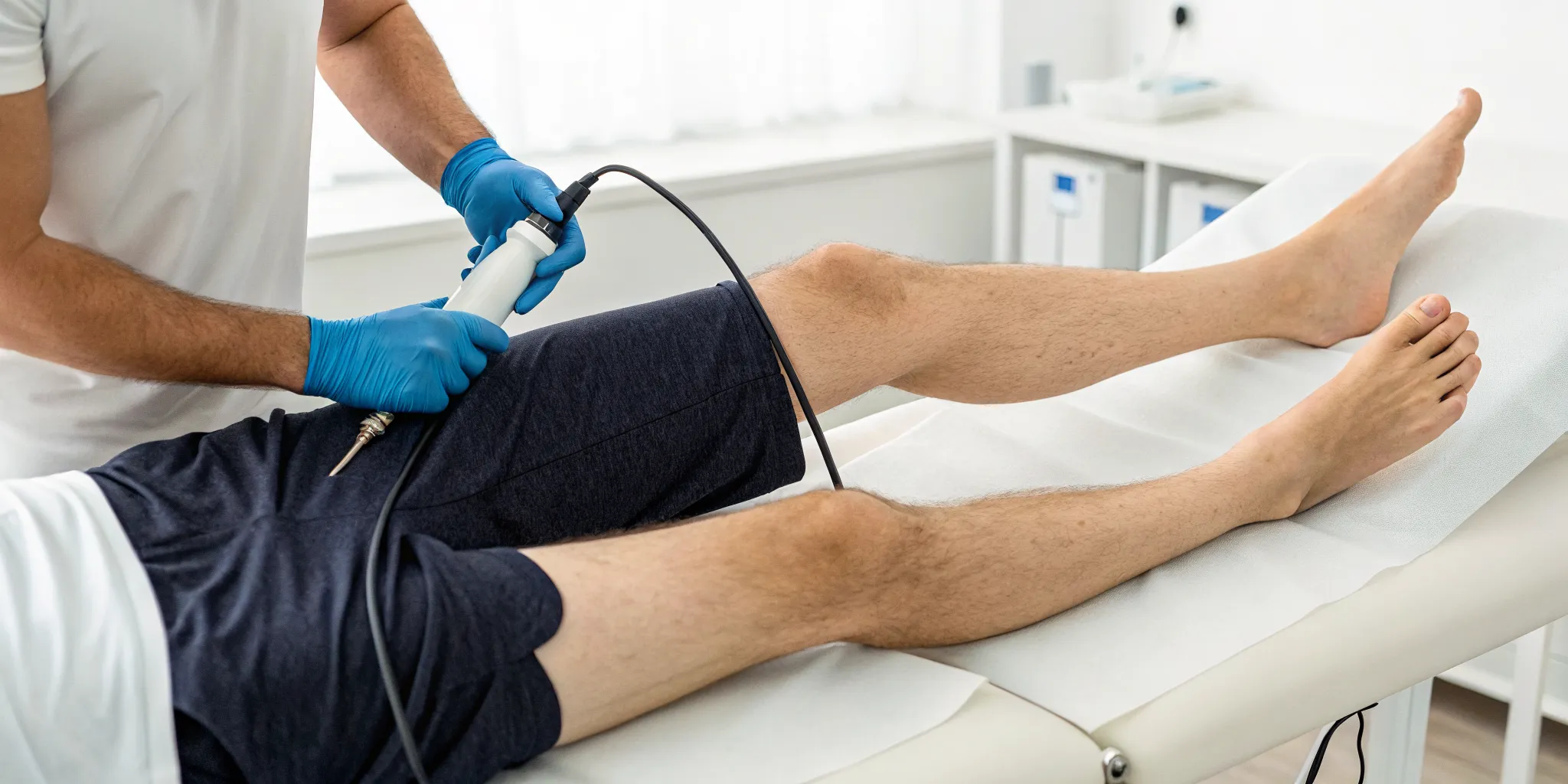 Shockwave therapy applied to a patient's knee for a ligament injury.