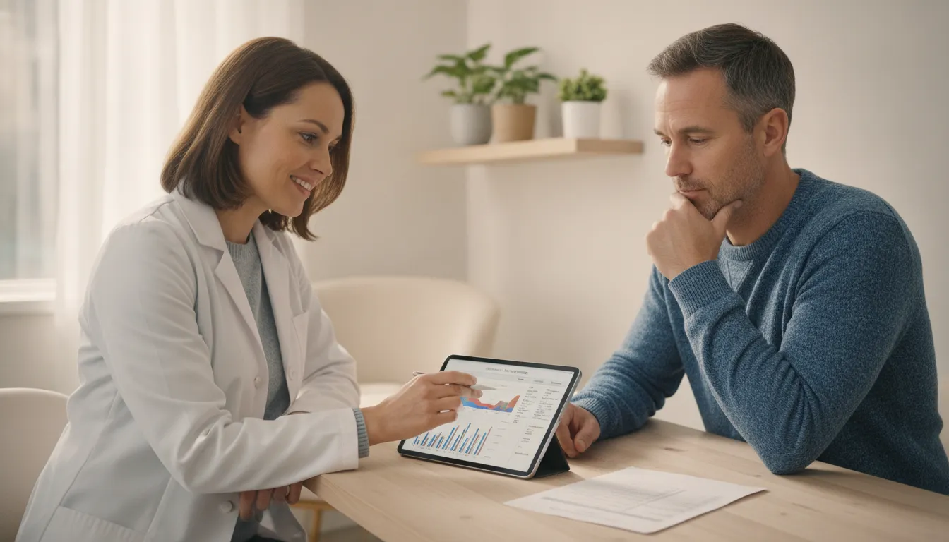 Patient discussing persistent fatigue and normal bloodwork with a clinician