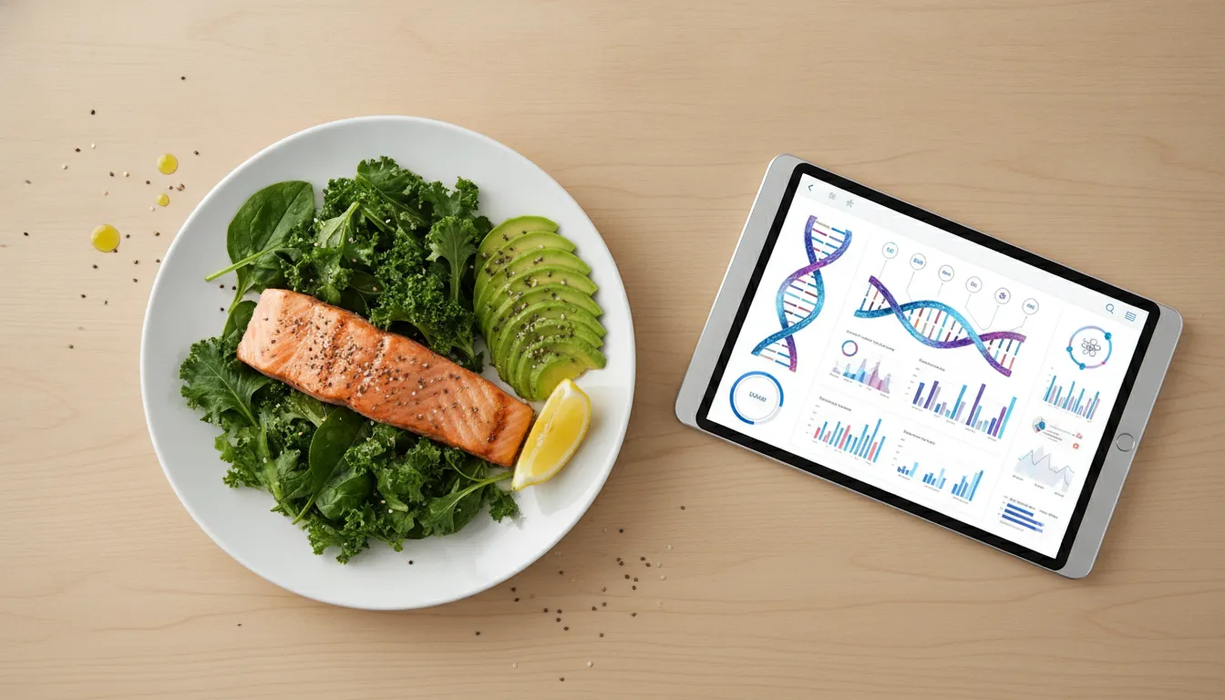 A top-down view of healthy meal ingredients alongside a digital tablet showing health data charts