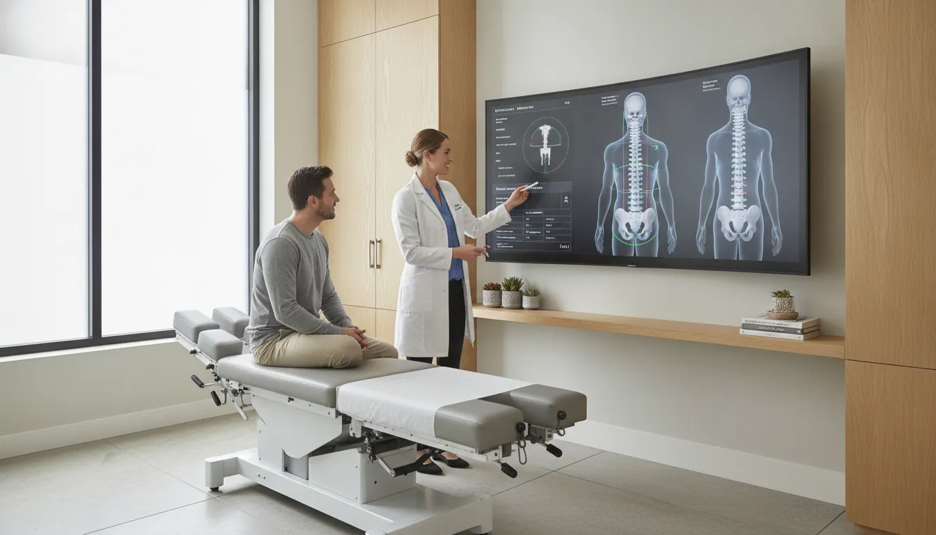 A digital representation of the human spine demonstrating proper structural alignment on a medical clinic screen.