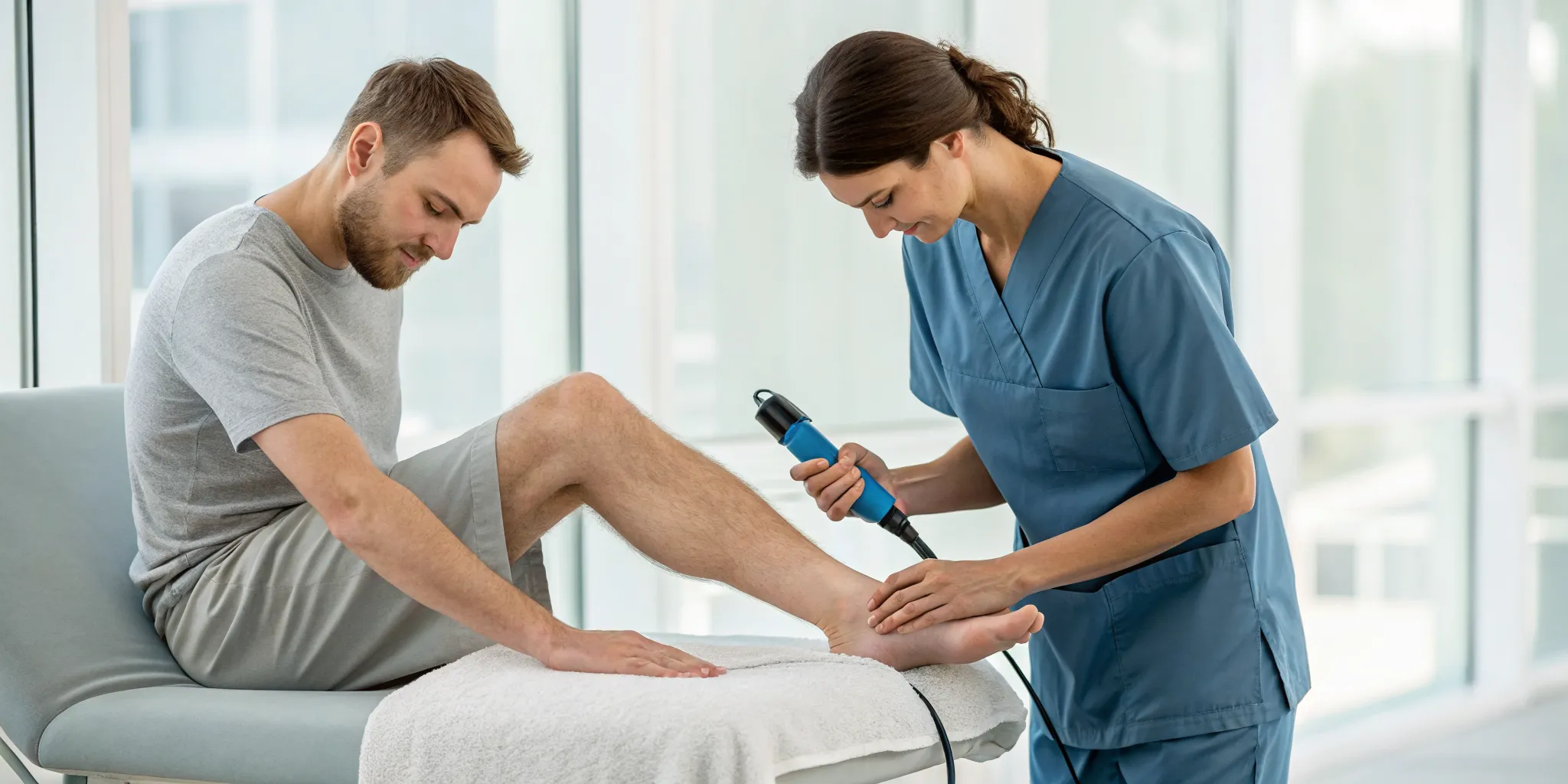 A patient receiving shockwave therapy for chronic tendon pain on their Achilles tendon.