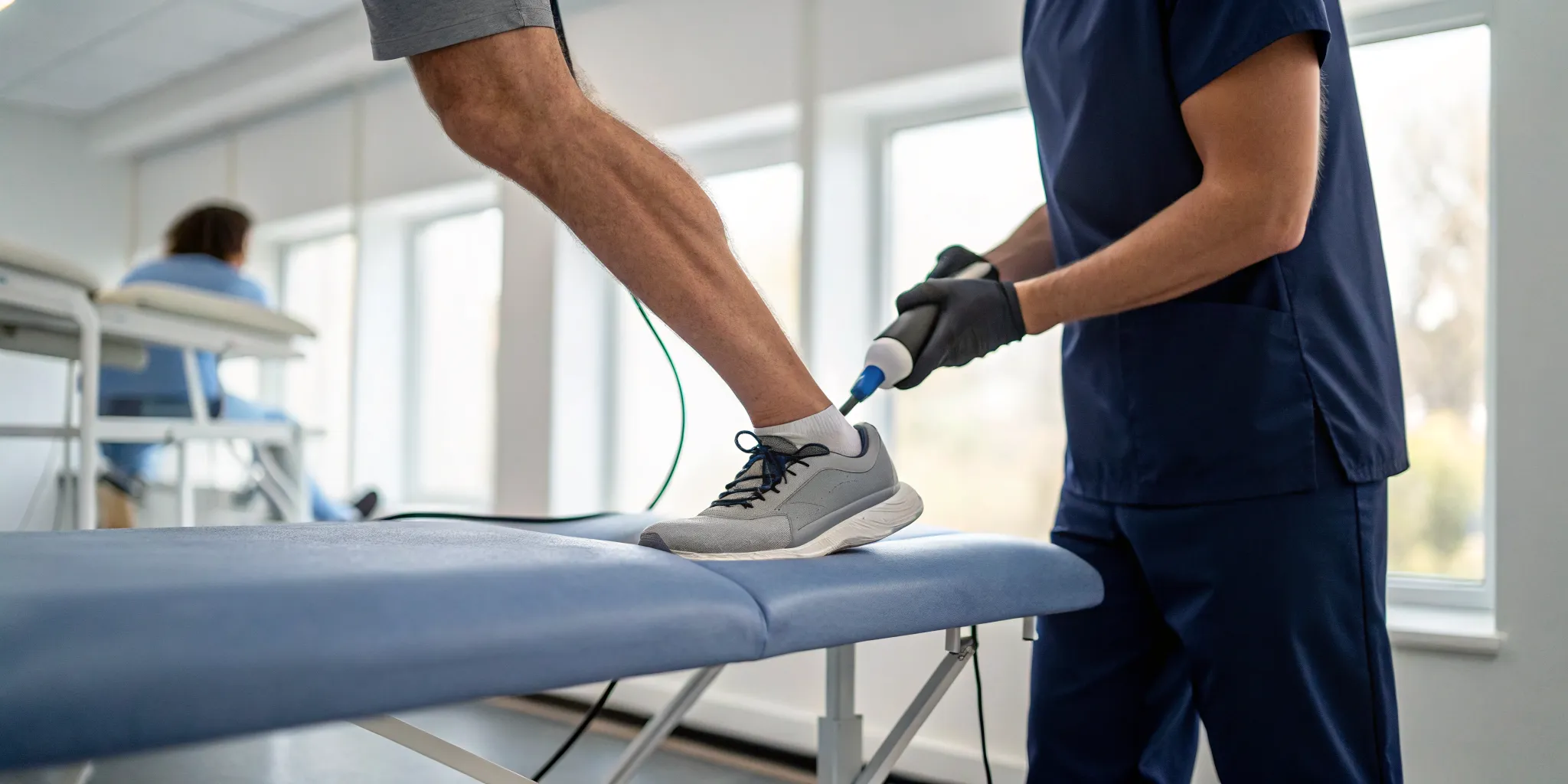 A runner receiving shockwave therapy on their lower leg for a running injury.