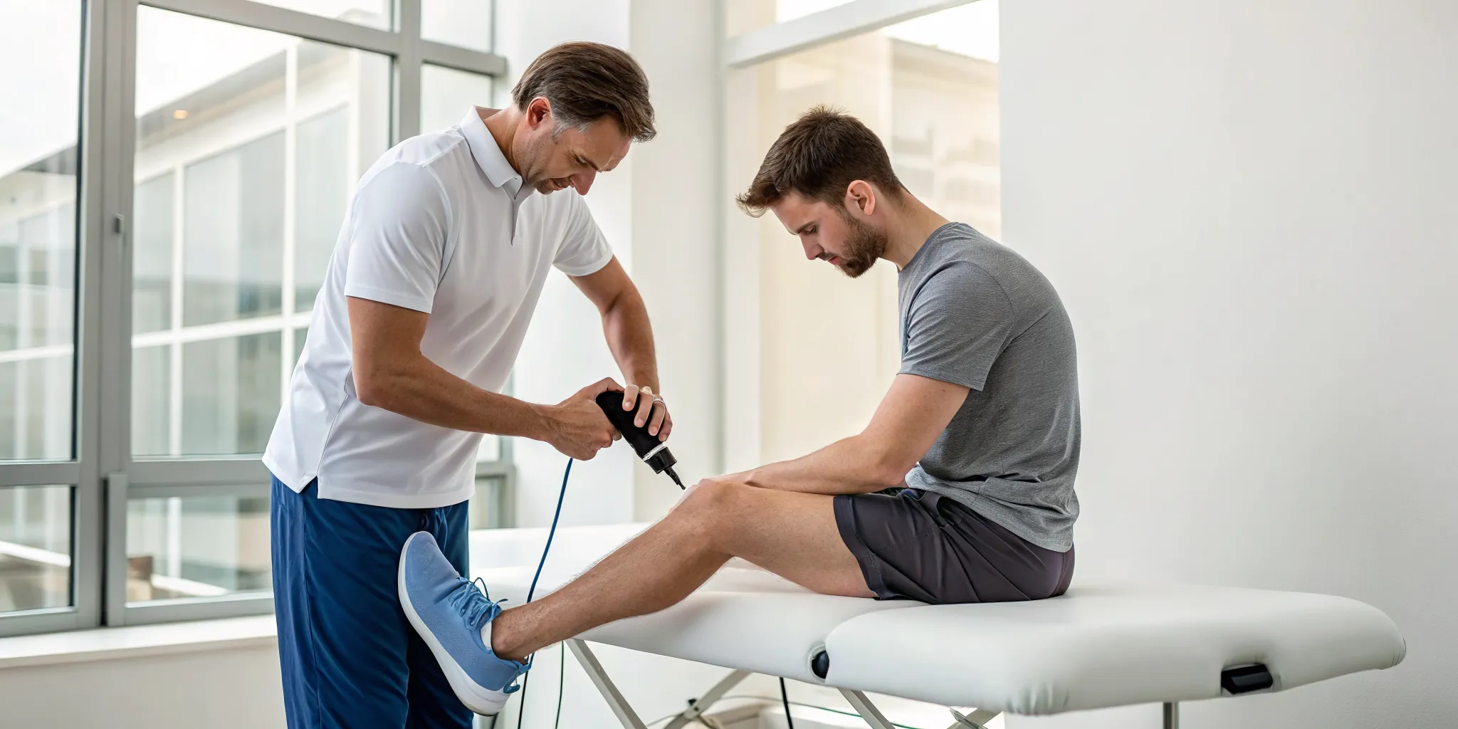 Physical therapist applies shockwave therapy to an athlete's knee for sports recovery.