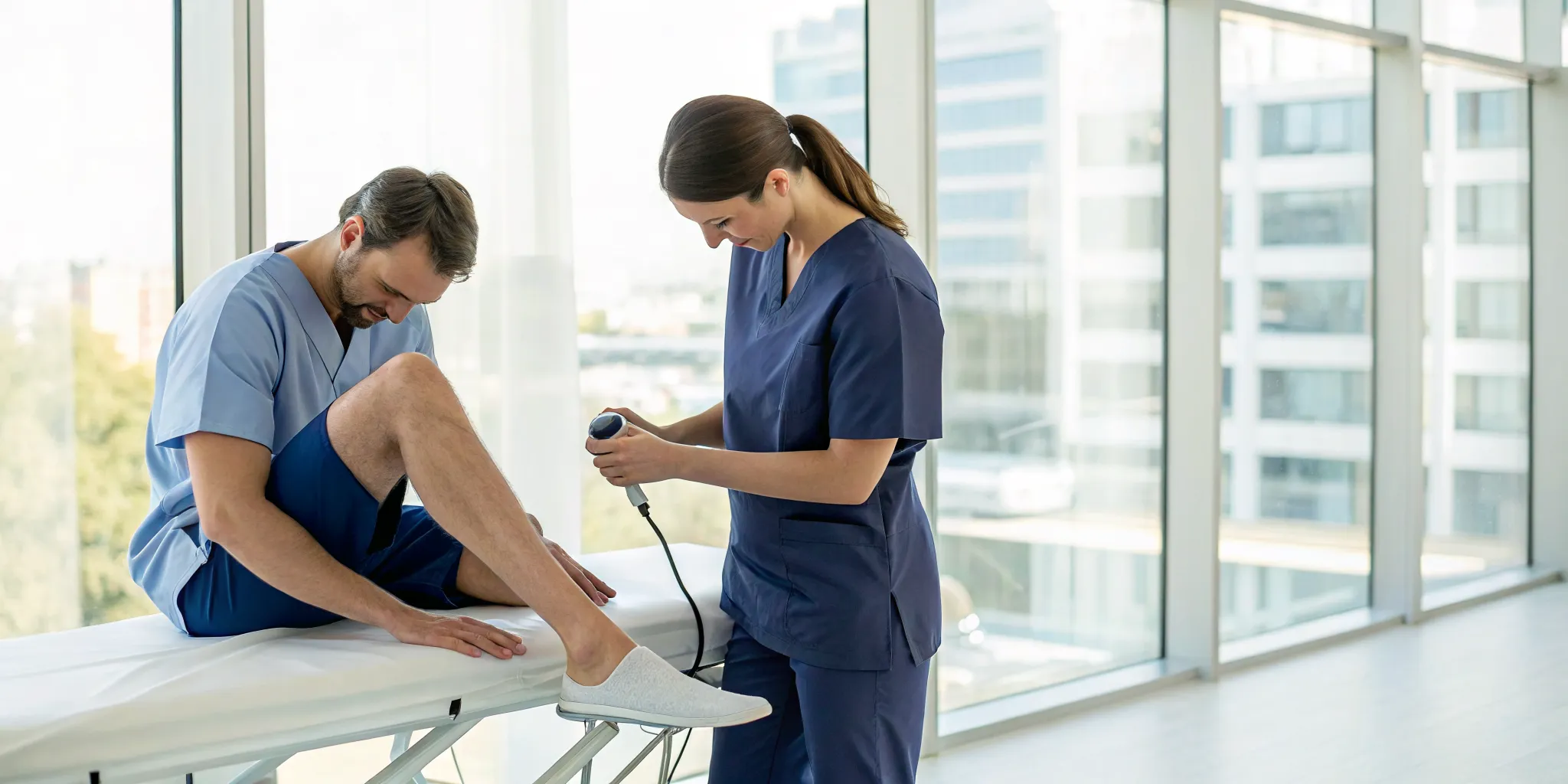 A therapist uses shockwave therapy for pain management on a patient's leg.