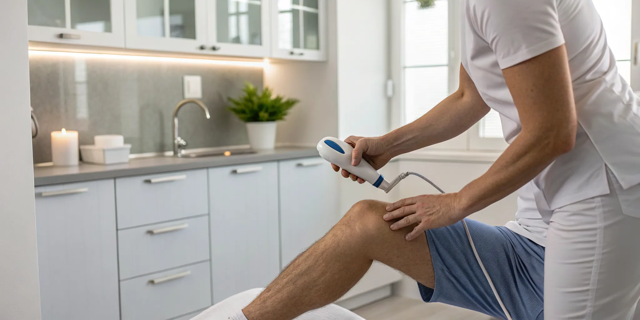Shockwave therapy for mobility improvement targeting a patient's knee.